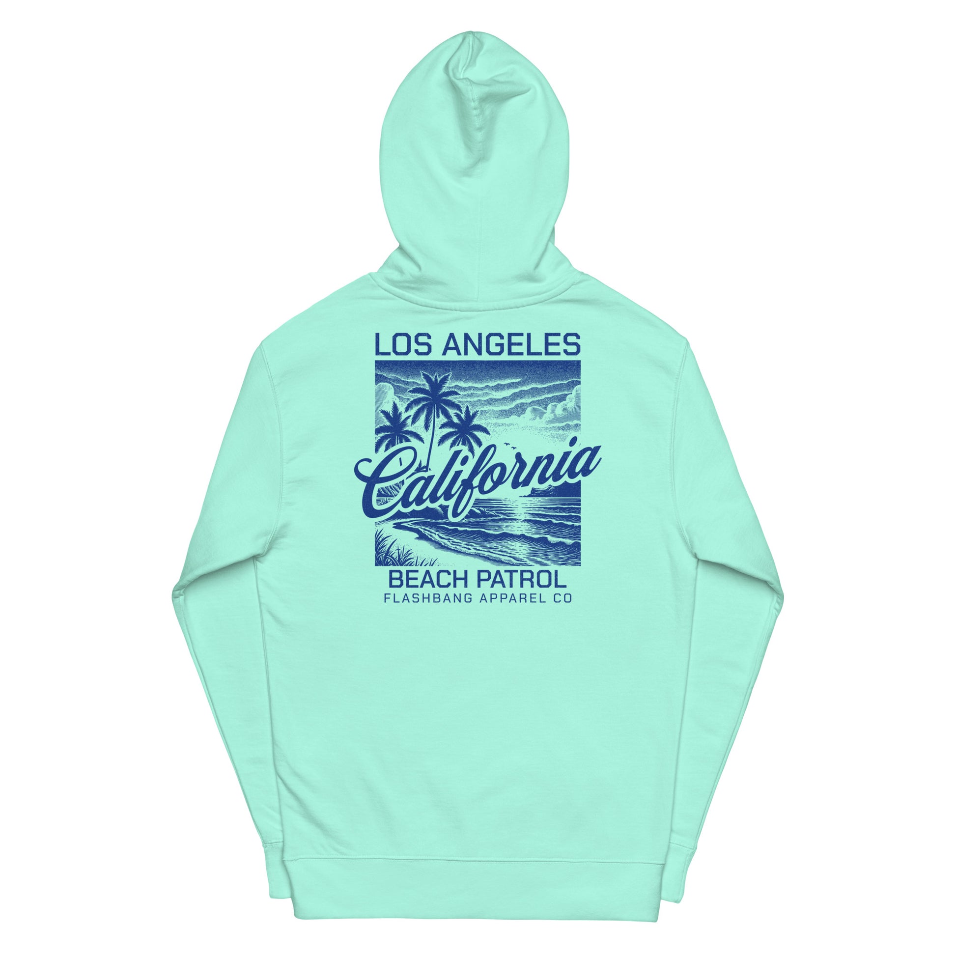 Mint green hoodie with 'Los Angeles California Beach Patrol' text and palm tree design on a white background