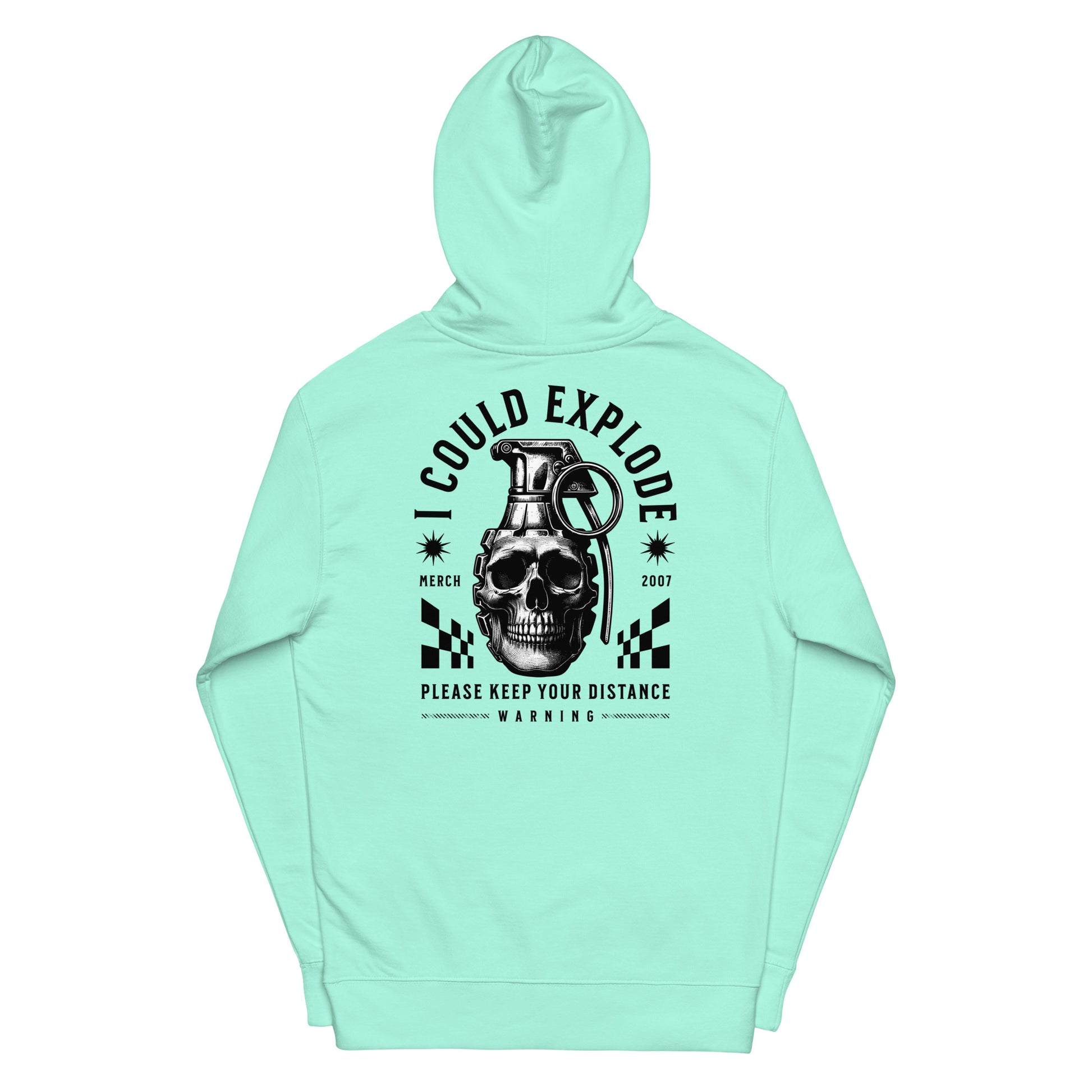 Mint green hoodie with a graphic design on the back featuring a skull and text.