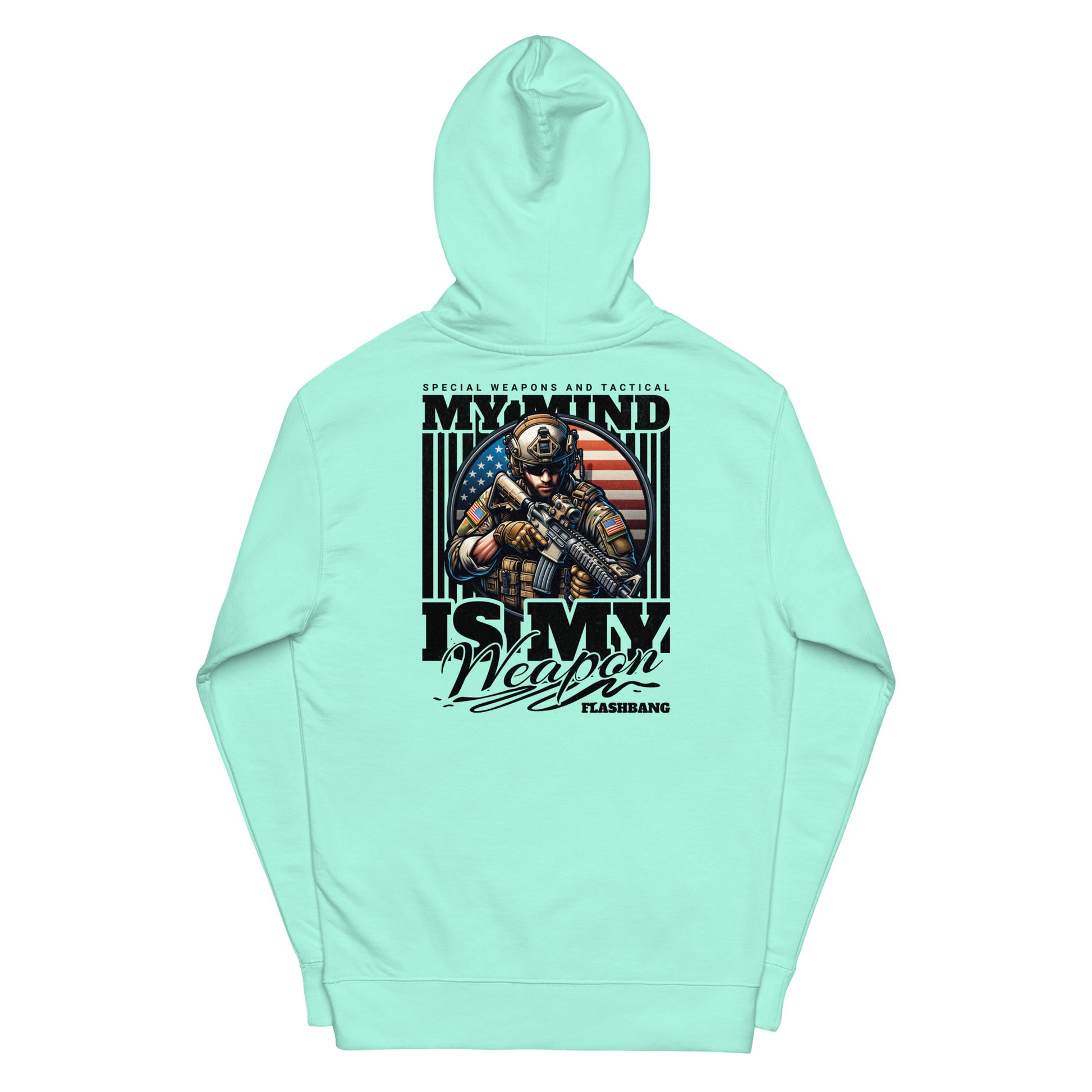 Mint green hoodie with graphic design and text on a white background