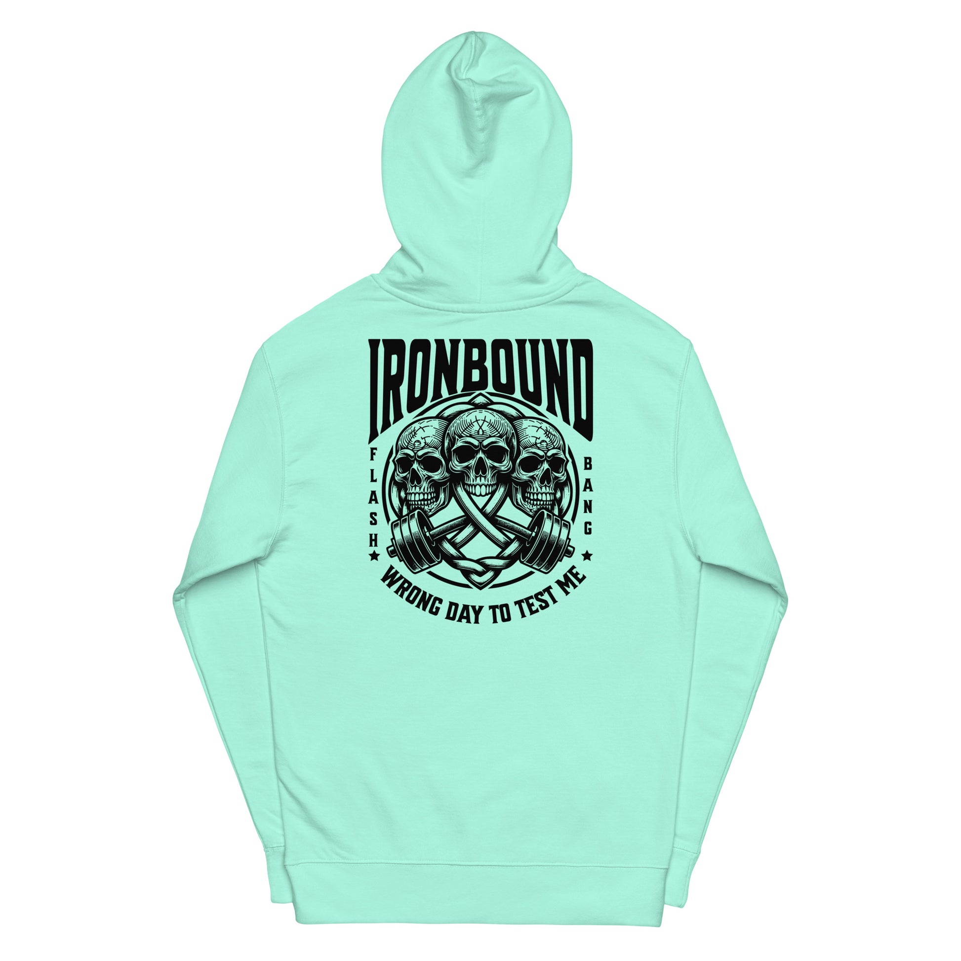 Mint green hoodie with black graphic and text on a white background