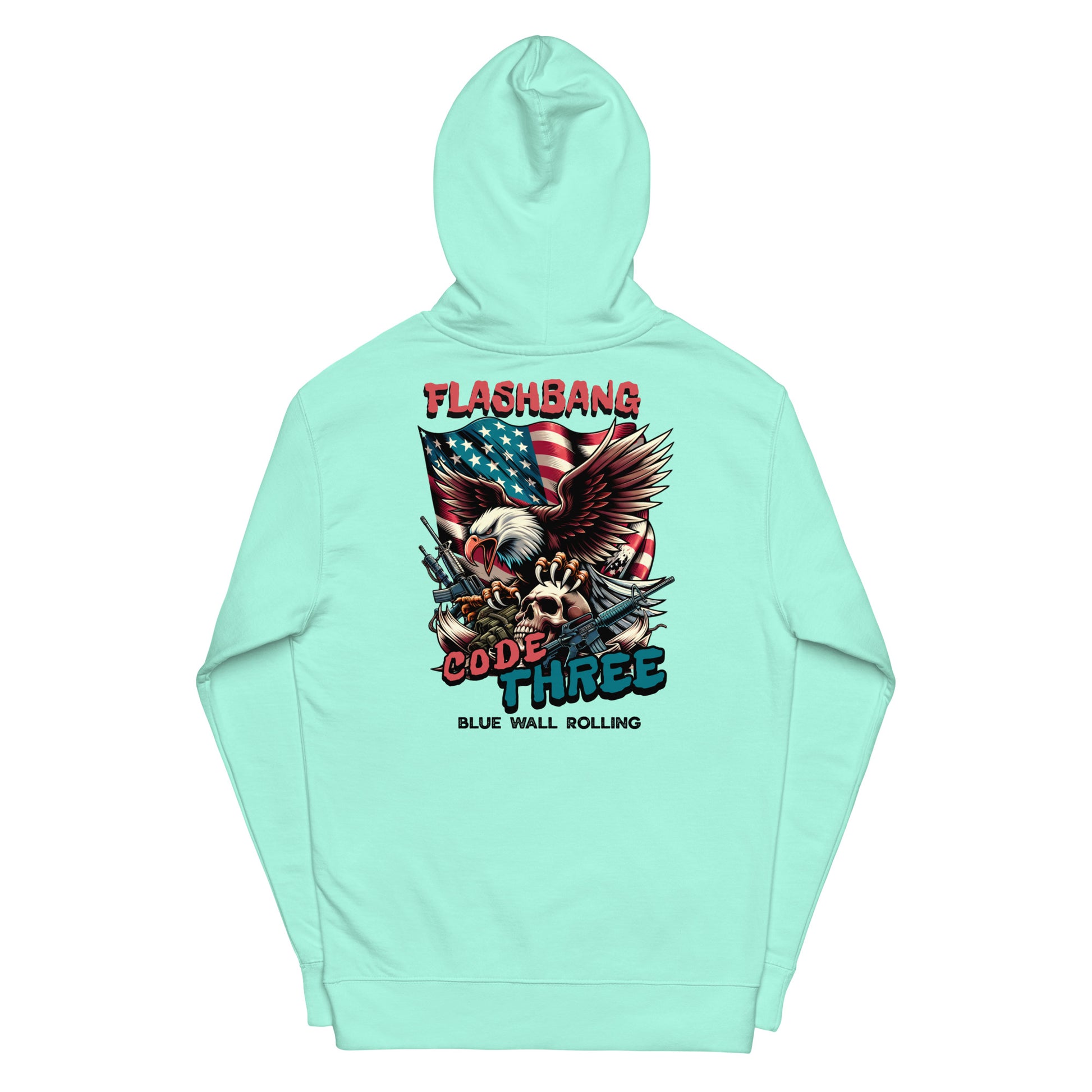 Mint green hoodie with graphic design on a white background