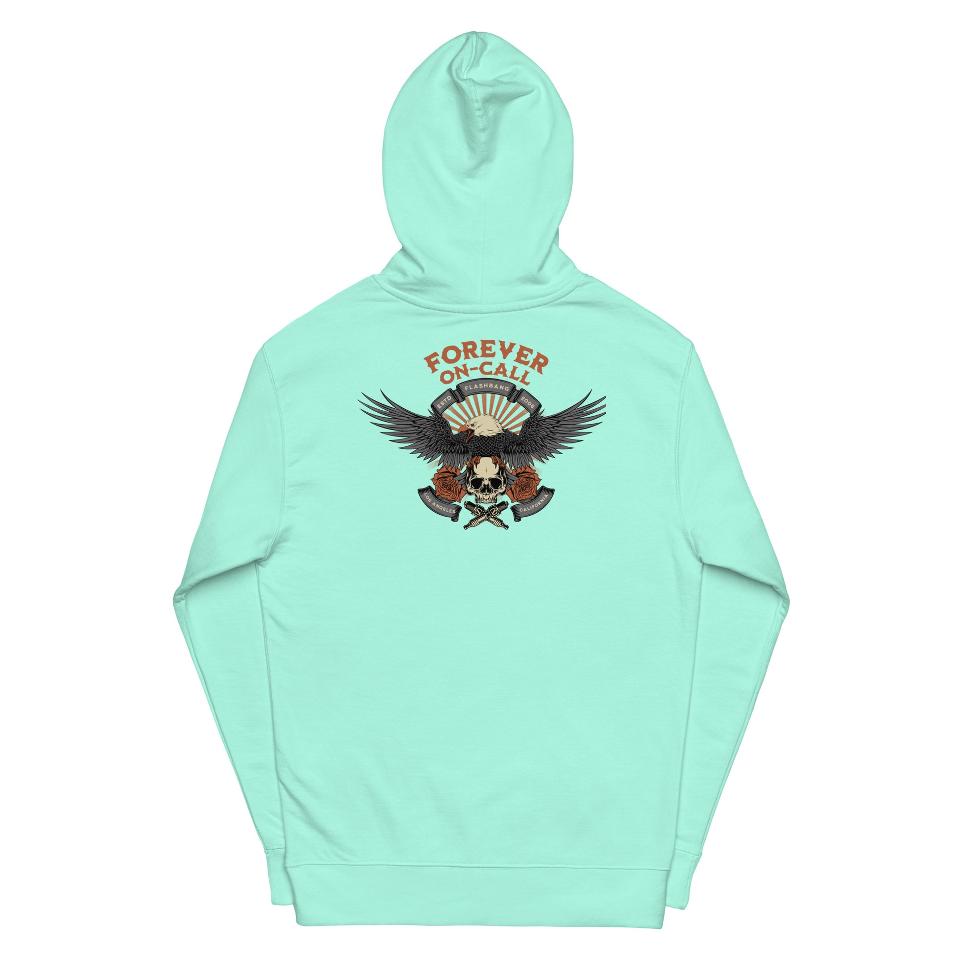 Mint green hoodie with an eagle and skull design on a white background