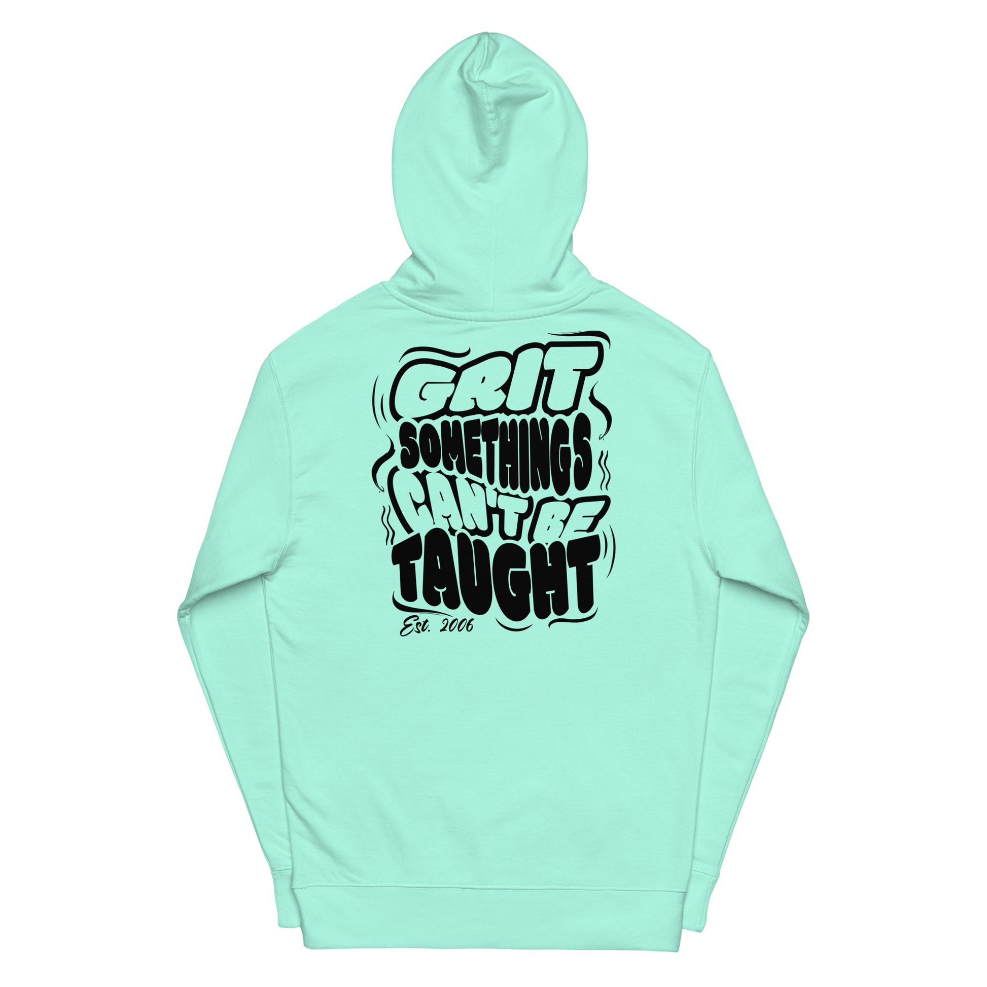 Mint green hoodie with black text on a white background