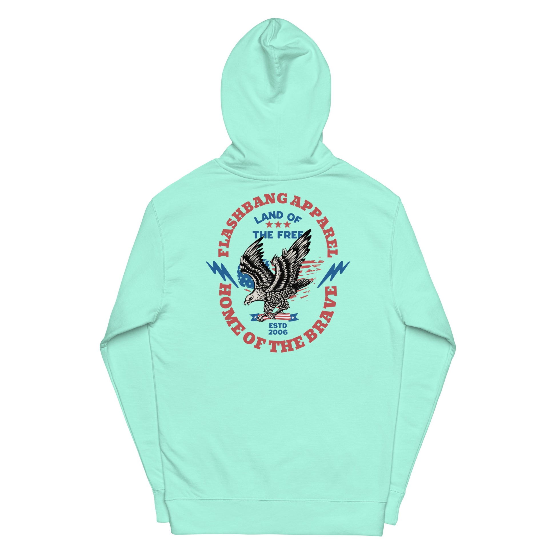 Mint green hoodie with eagle graphic and text on a white background