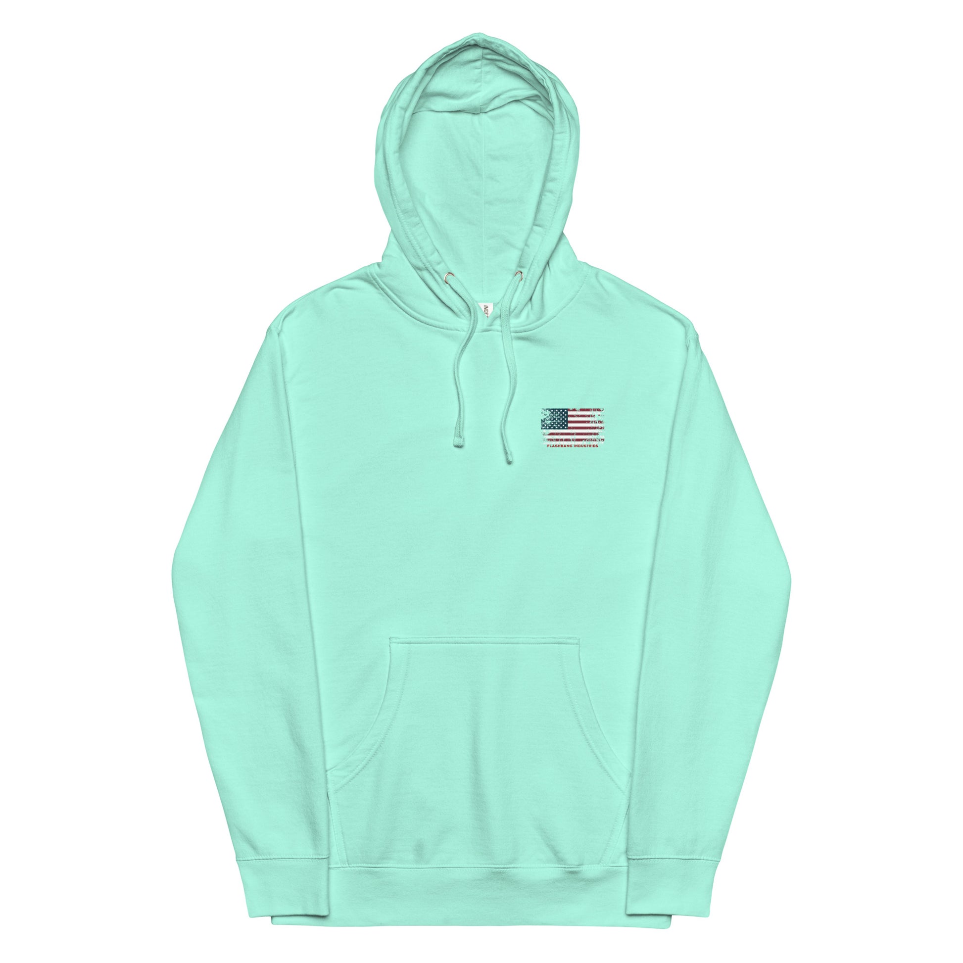 Mint green hoodie with a small flag patch on a white background