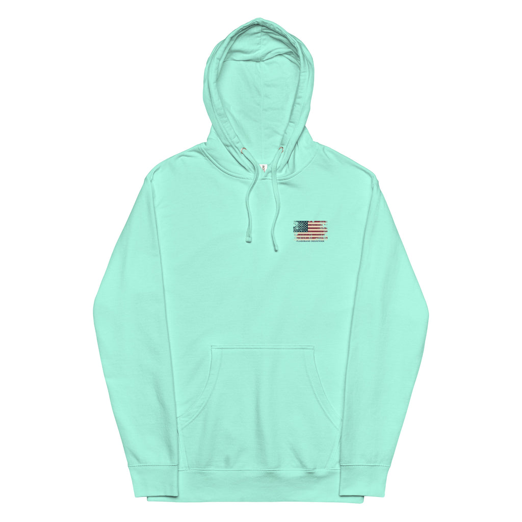 Mint green hoodie with a small flag patch on a white background