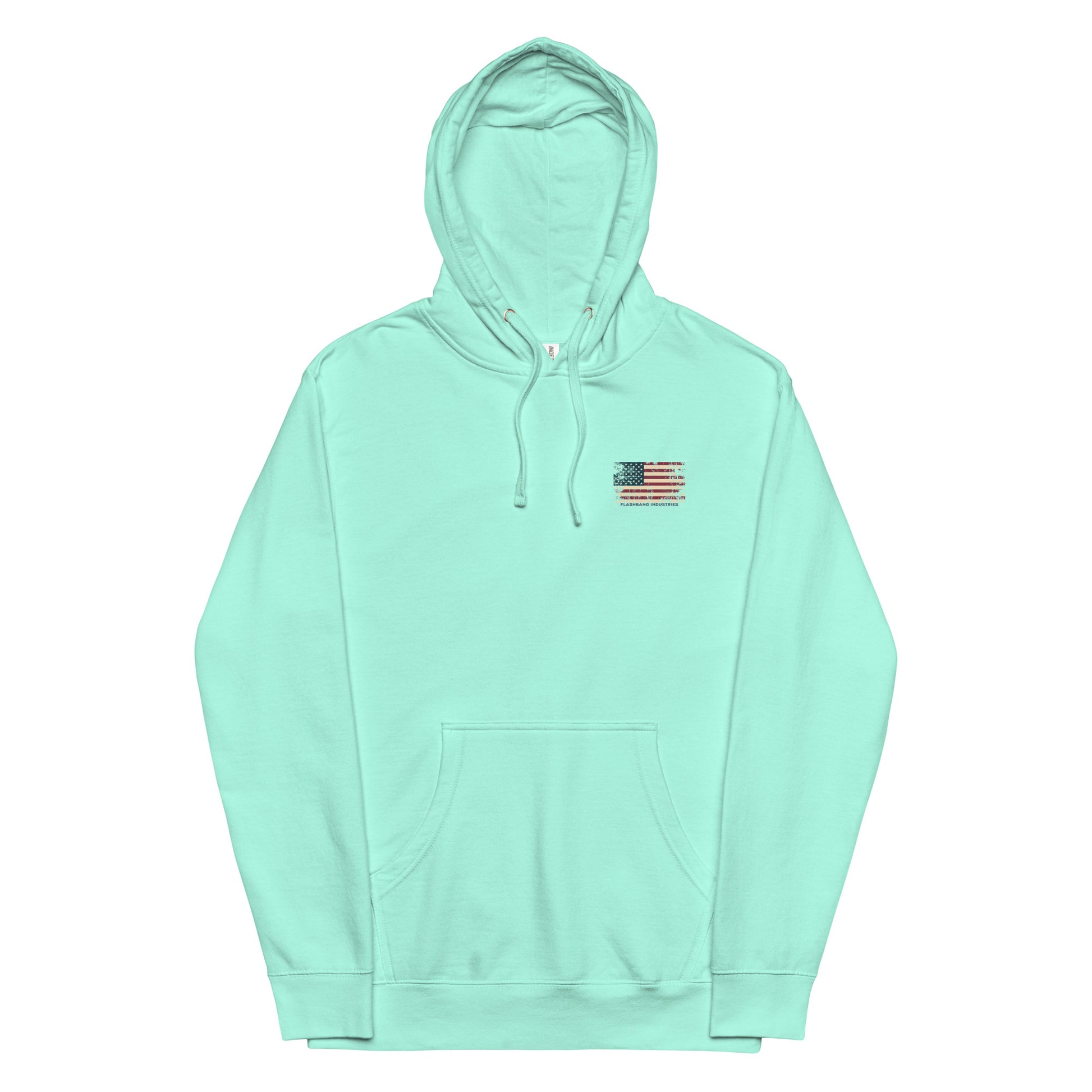 Mint green hoodie with a small flag patch on a white background