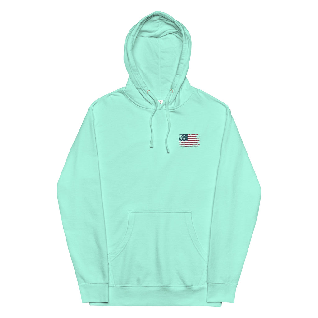 Mint green hoodie with a small flag patch on a white background