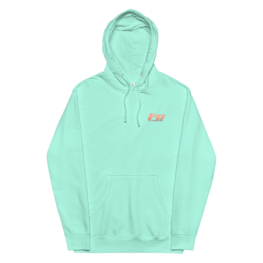 Light blue hoodie with a small red logo on a white background