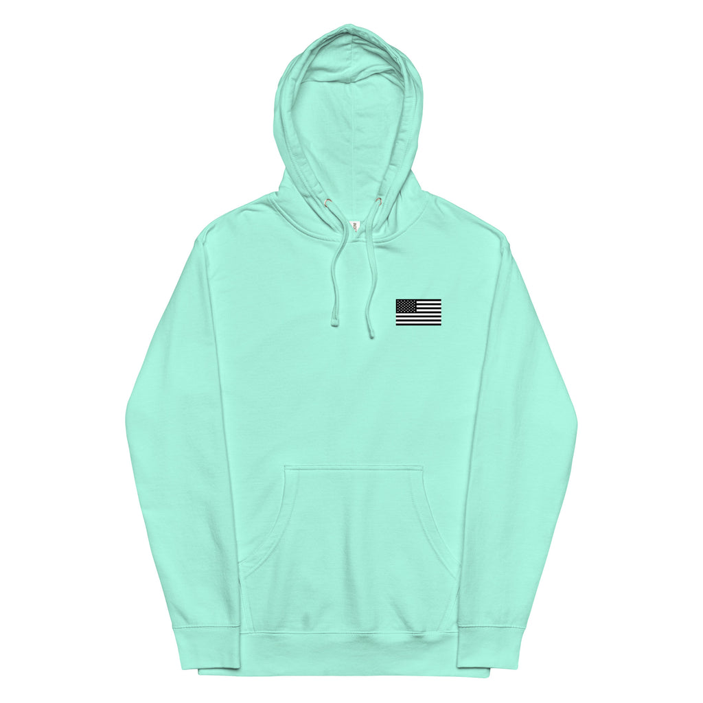 Mint green hoodie with a small flag patch on a white background