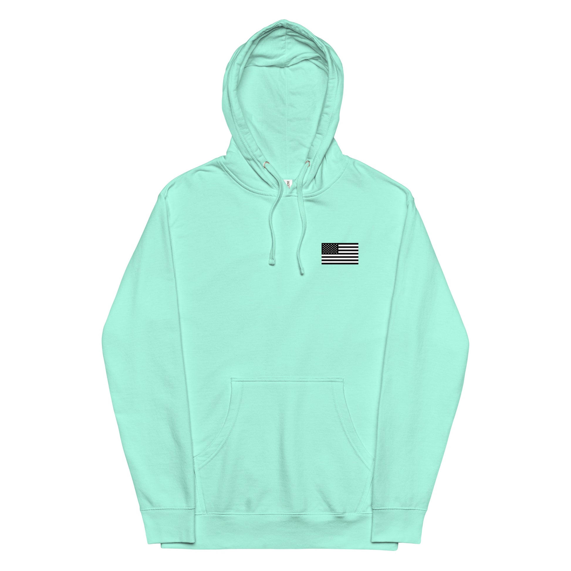 Mint green hoodie with a small flag patch on a white background