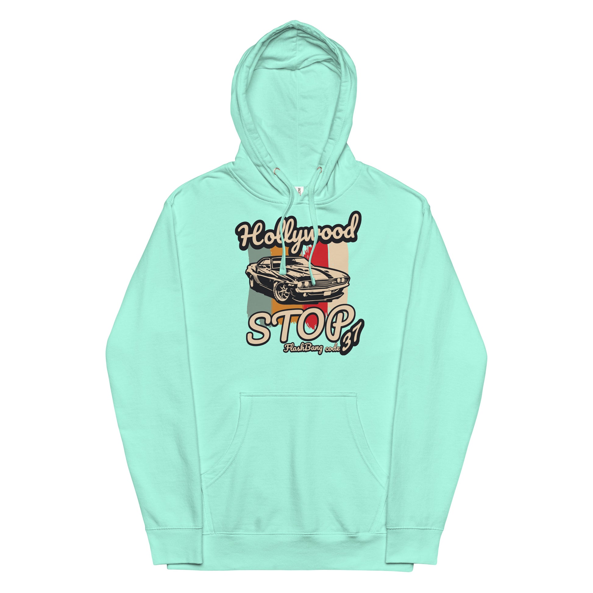 Mint green hoodie with a graphic design on a white background