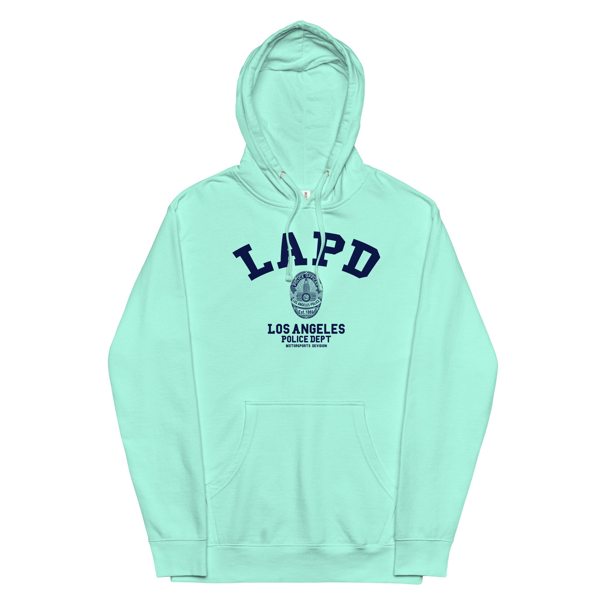 Mint green hoodie with LAPD Los Angeles Police Dept logo on a white background