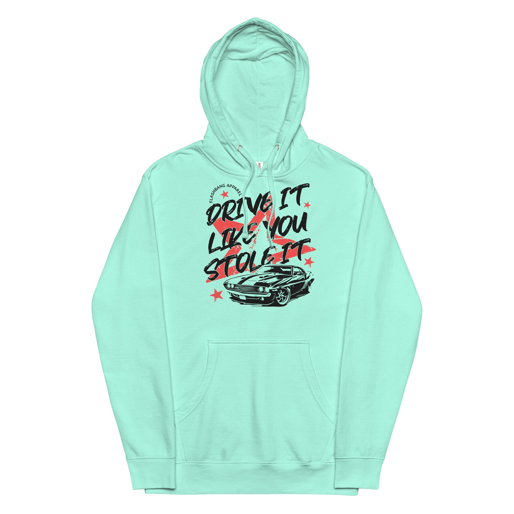 Mint hoodie with graphic design and text on a white background