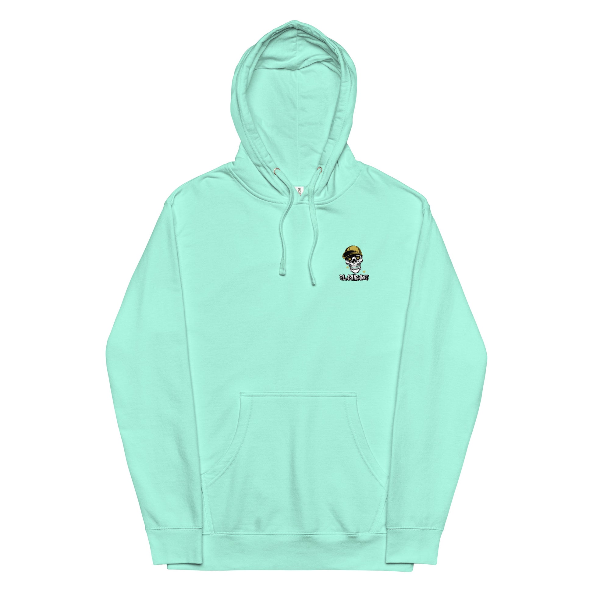 Mint green hoodie with a small logo on the chest against a white background