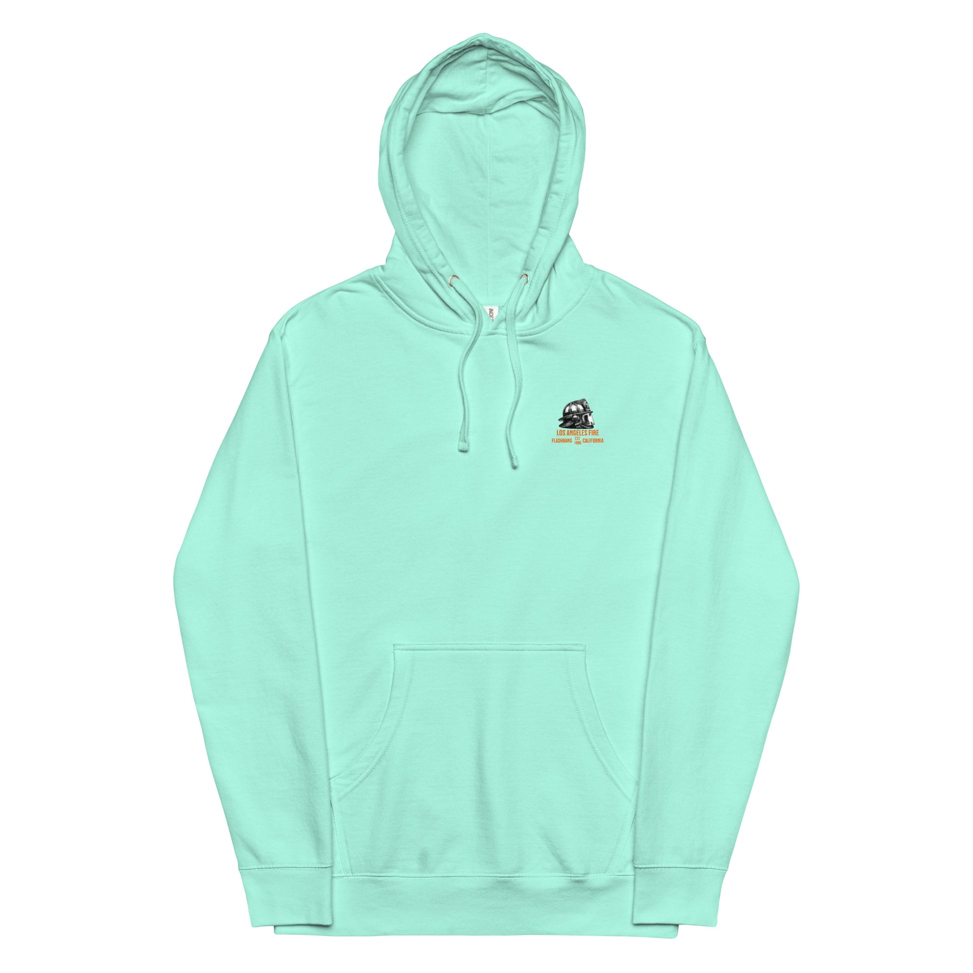 Light blue hoodie with a small logo on the chest against a white background