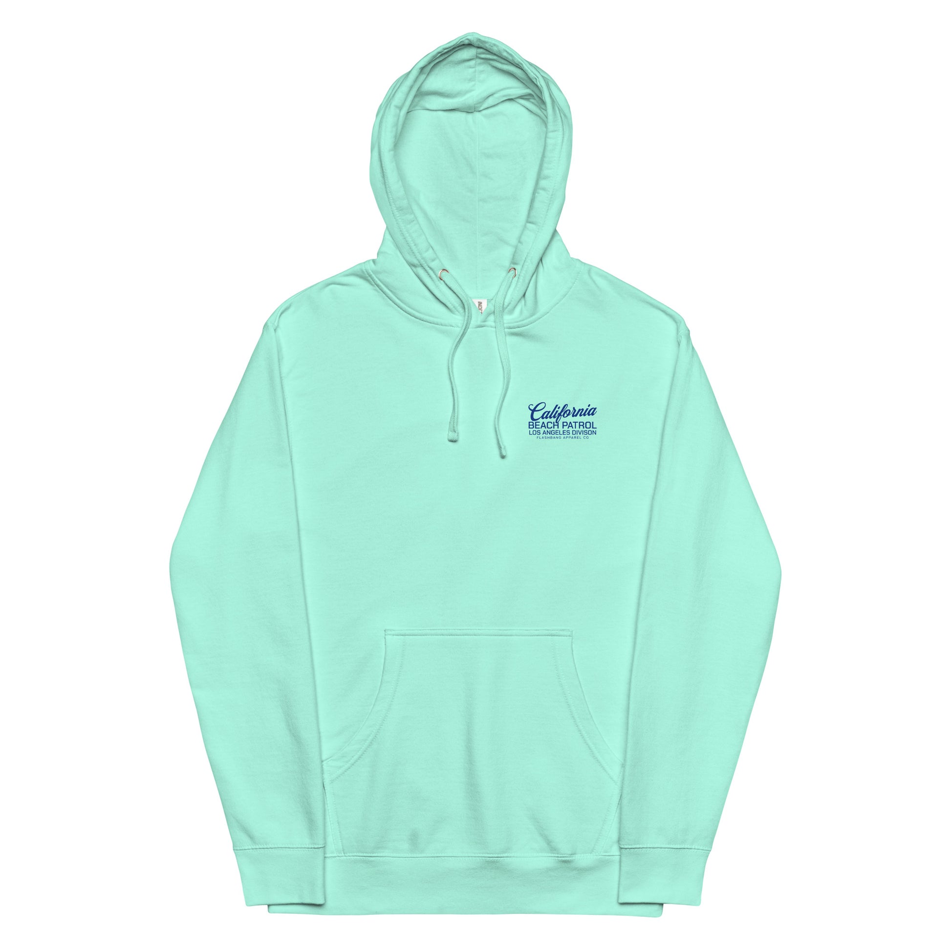 Mint green hoodie with a small logo on the chest against a white background