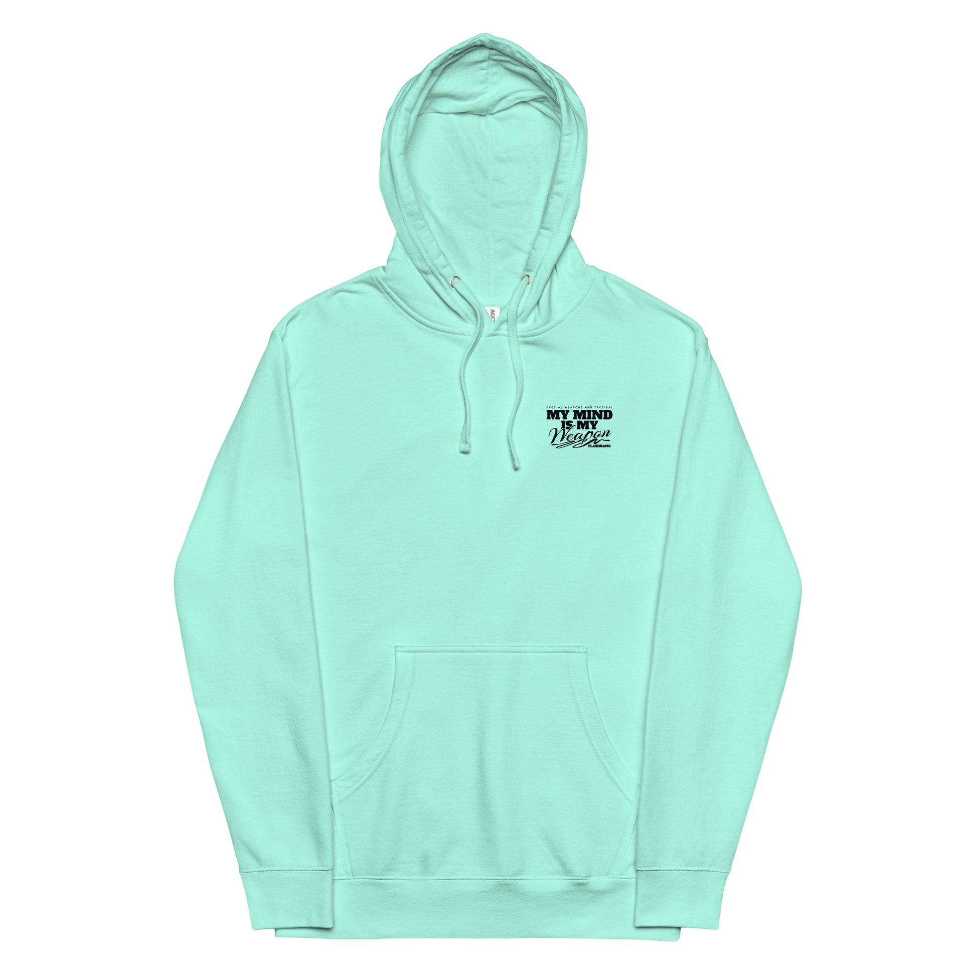 Mint green hoodie with text on the chest against a white background