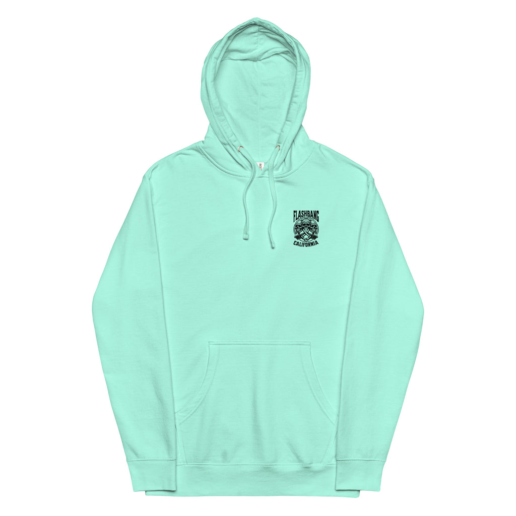 Light blue hoodie with a small logo on the chest against a white background