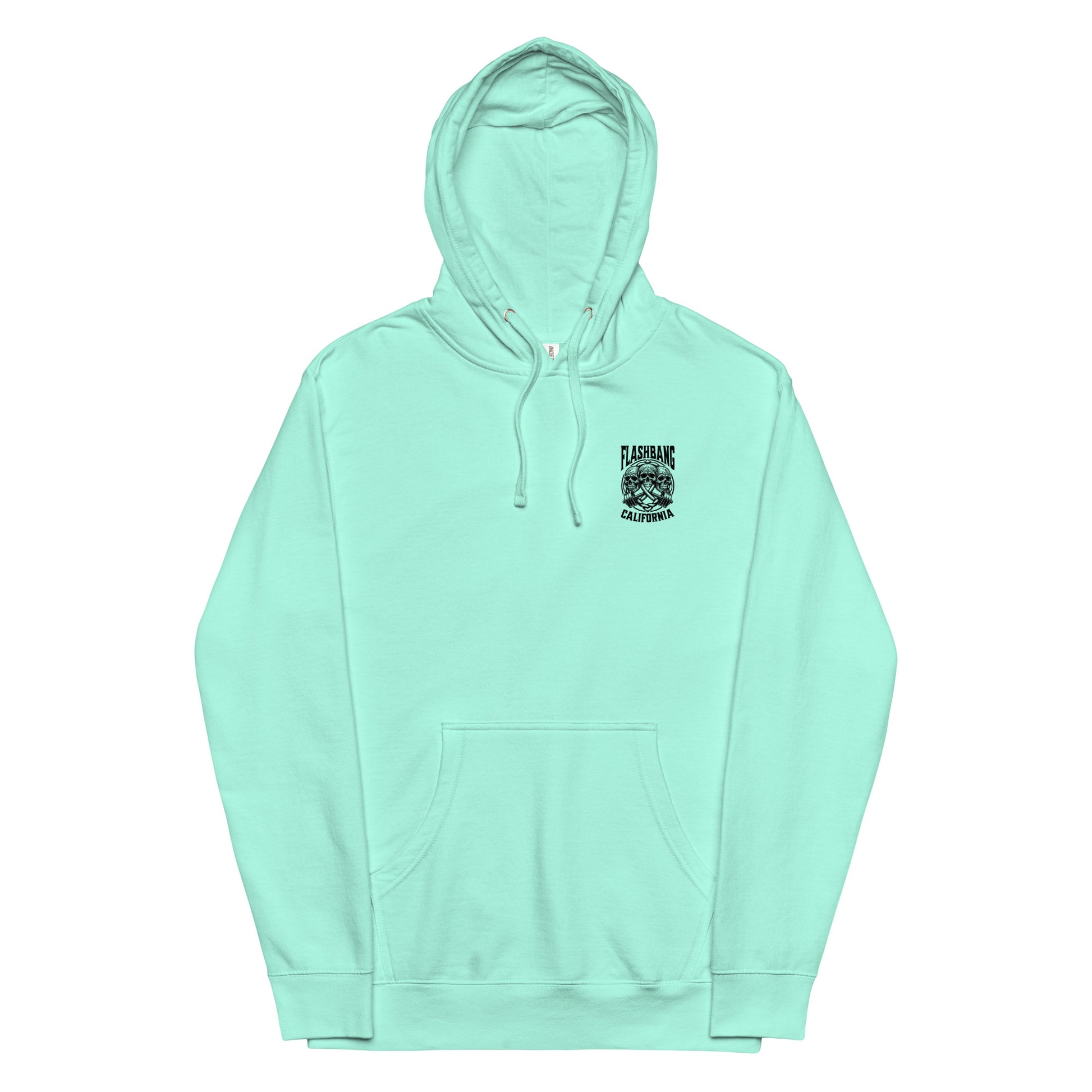 Light blue hoodie with a small logo on the chest against a white background