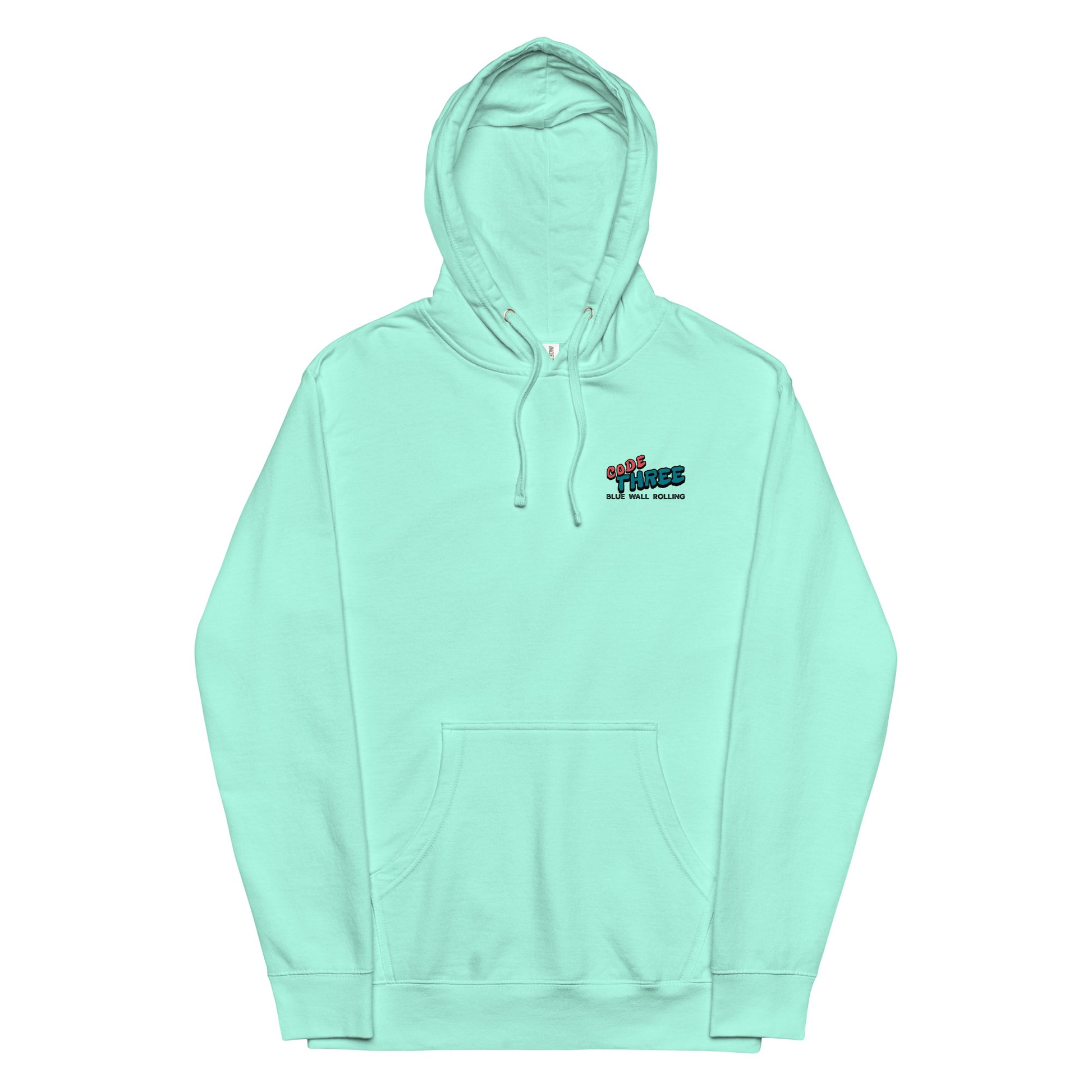 Light blue hoodie with a logo on the chest against a white background