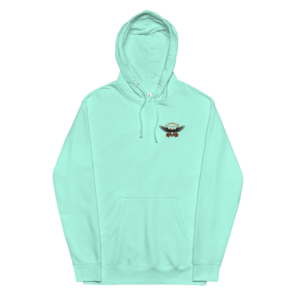 Mint green hoodie with a small logo on the chest against a white background