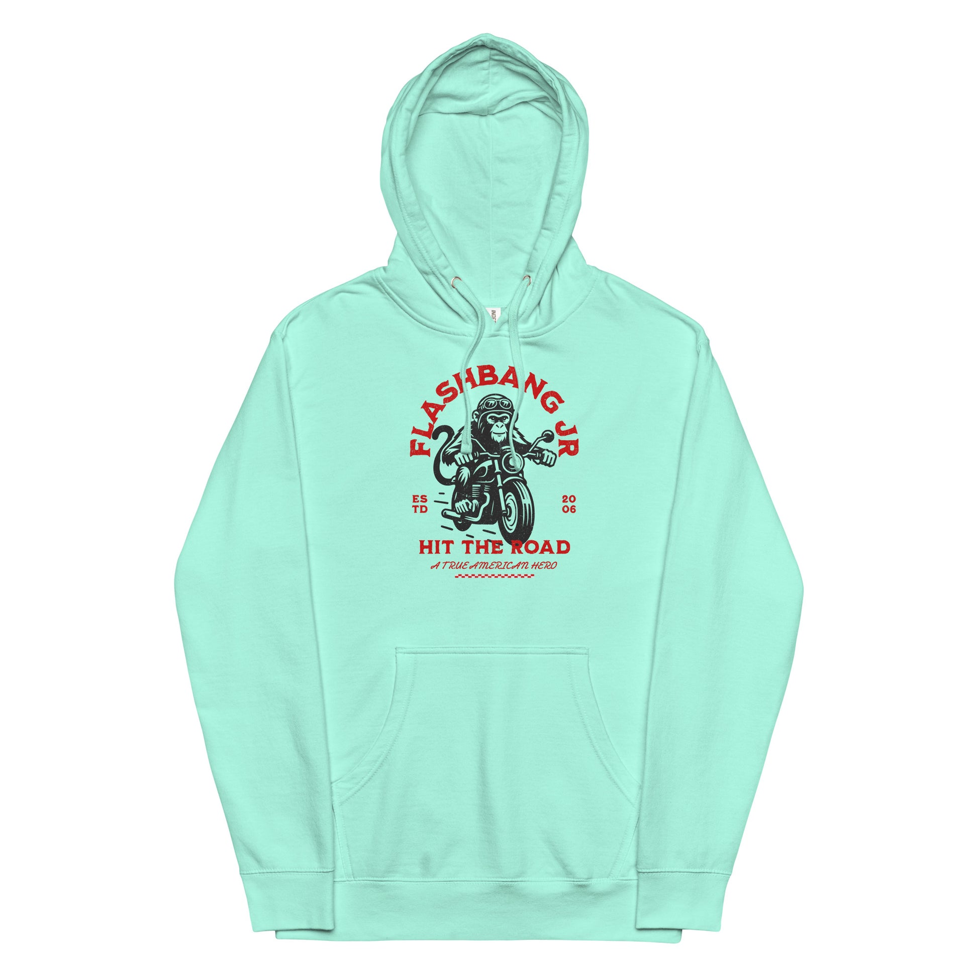 Mint green hoodie with graphic design on a white background