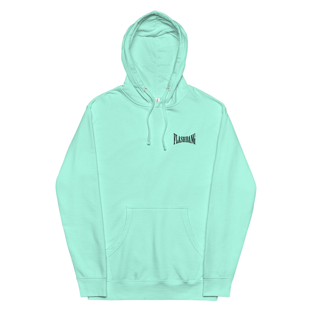 Mint green hoodie with a brand logo on a white background