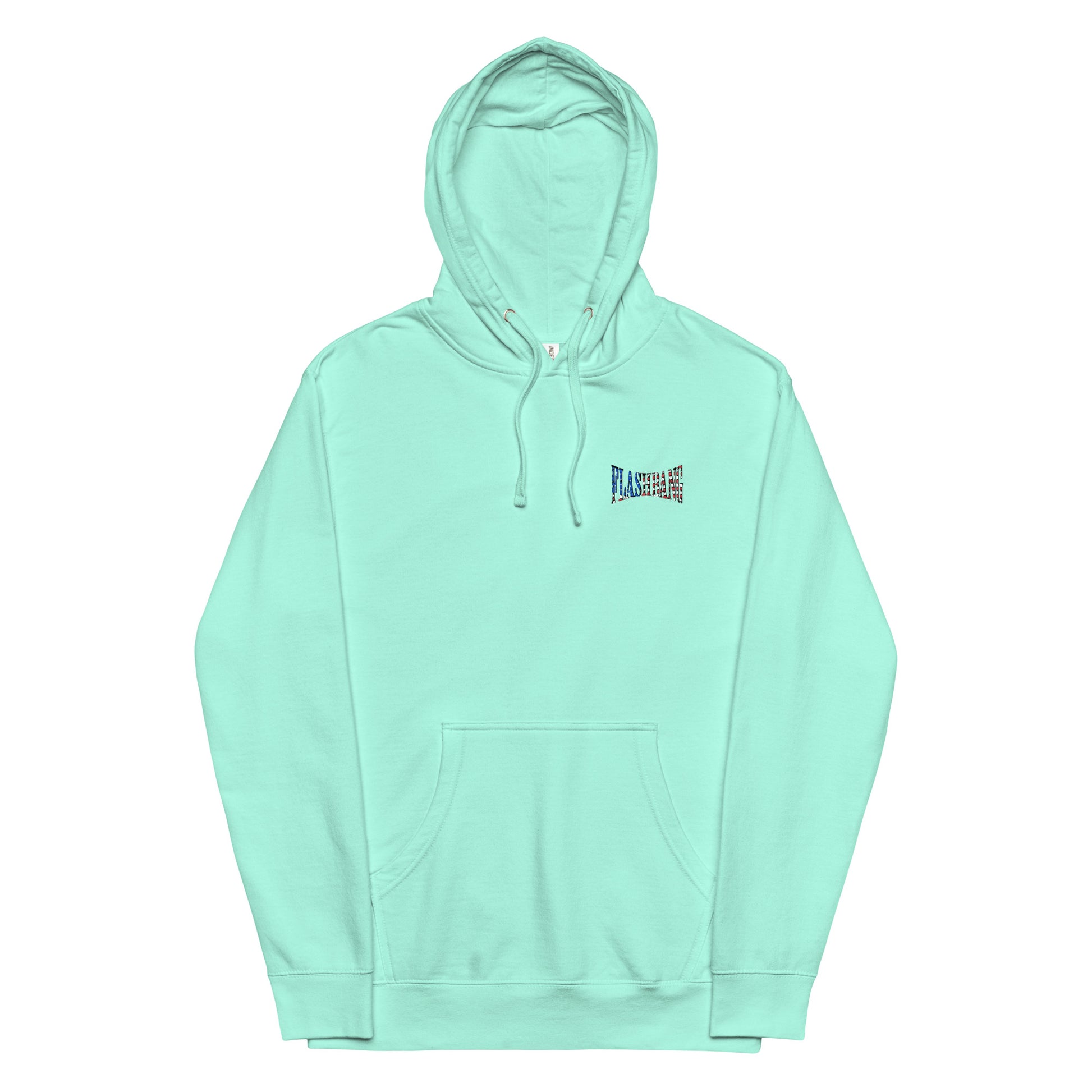 Mint green hoodie with a small logo on the chest against a white background