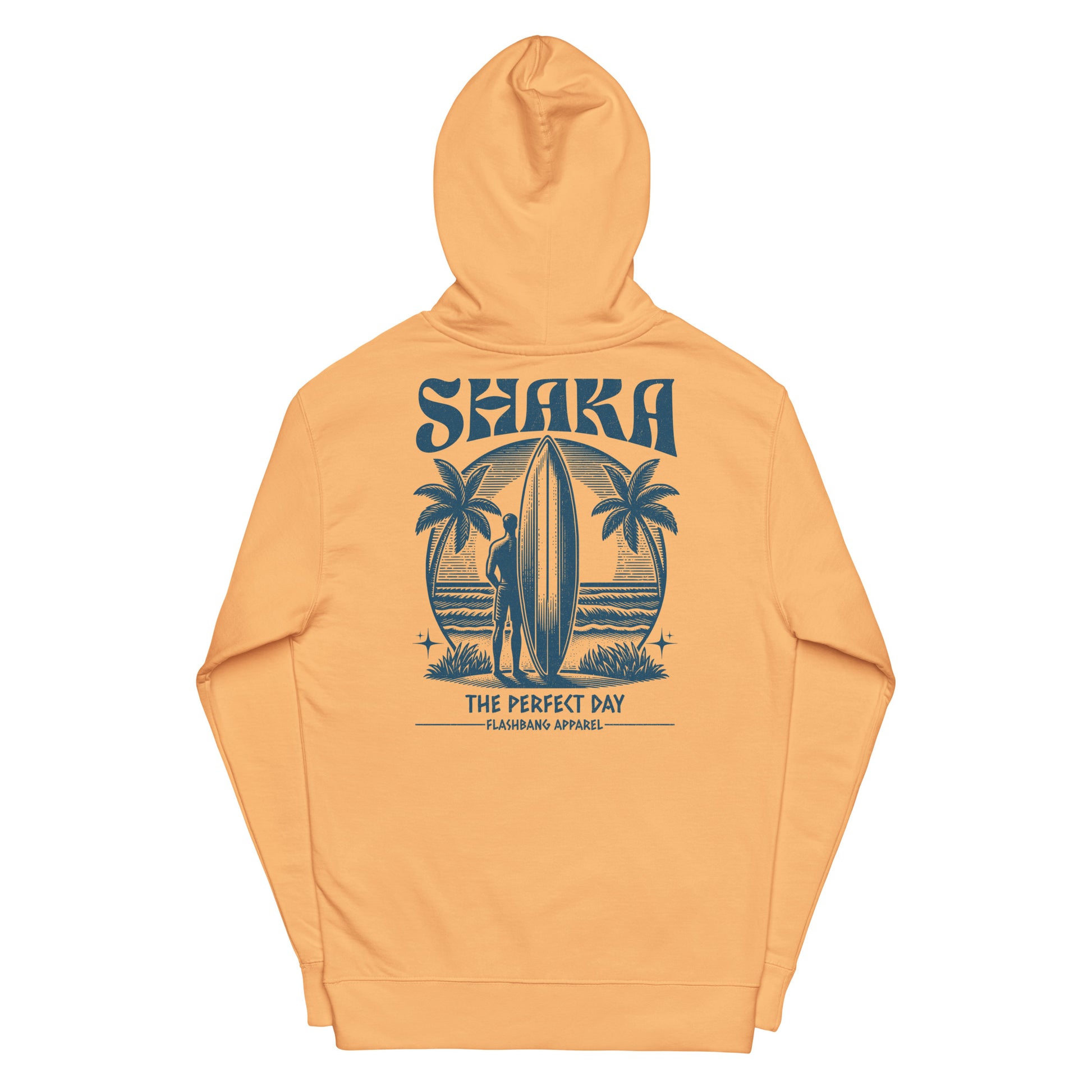 Orange hoodie with a graphic design on the back featuring palm trees and text.