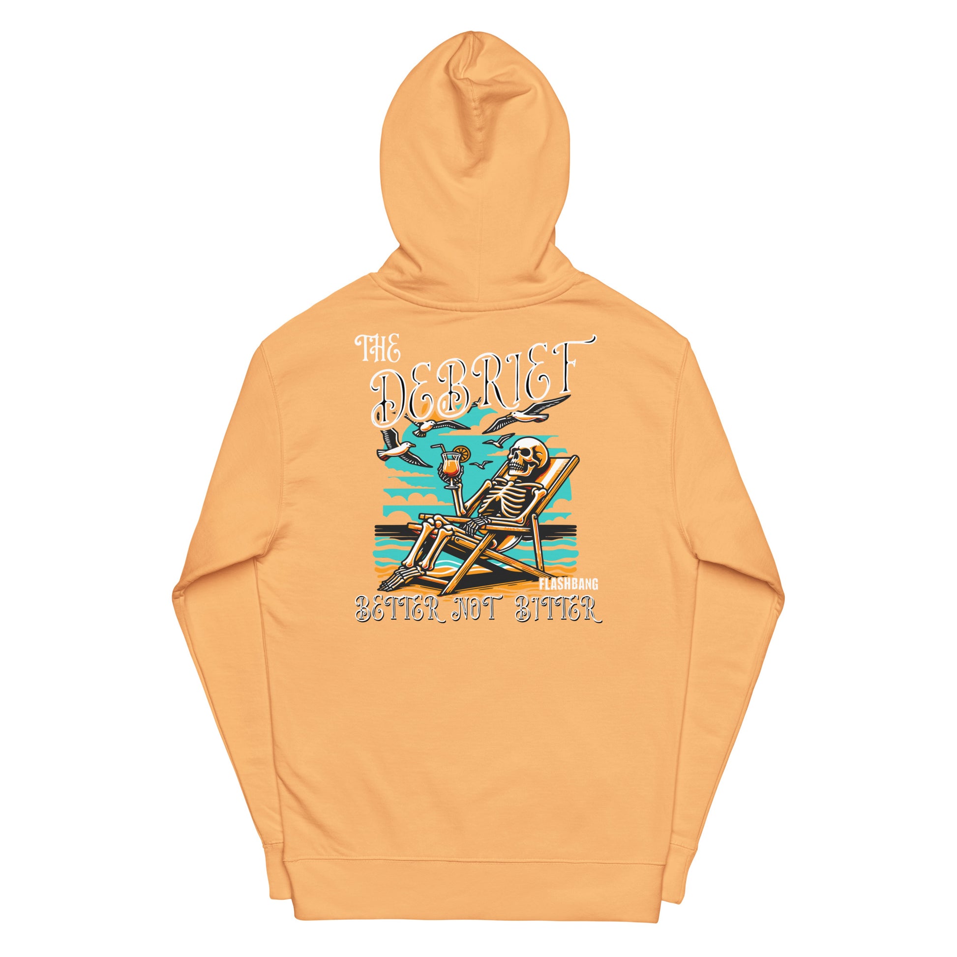 Orange hoodie with skeleton design and text on a white background