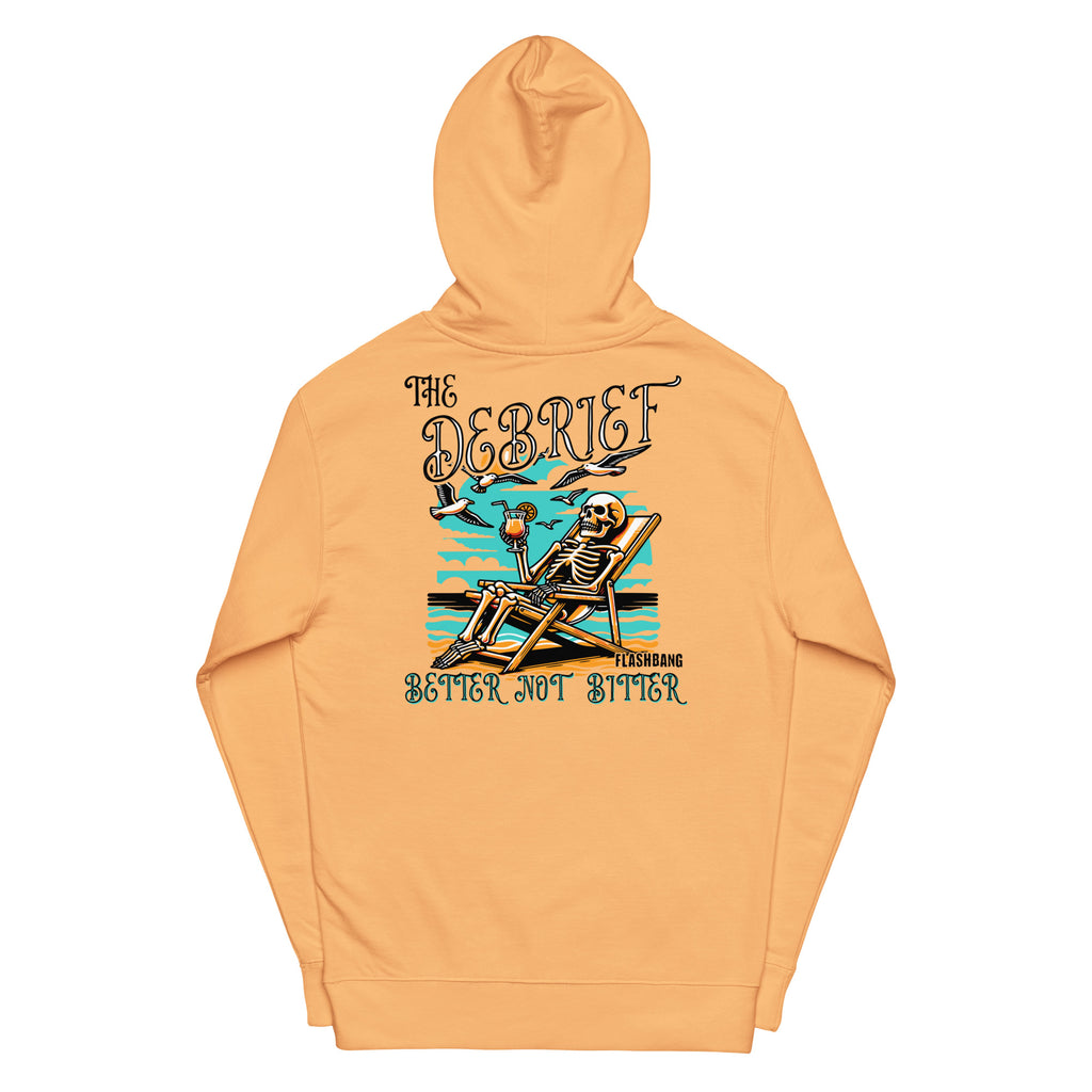 Orange hoodie with a graphic design on the back featuring a skeleton and text.
