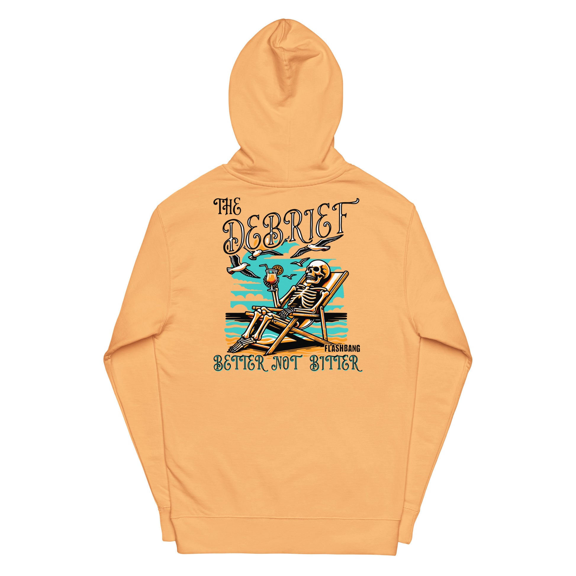 Orange hoodie with a graphic design on the back featuring a skeleton and text.