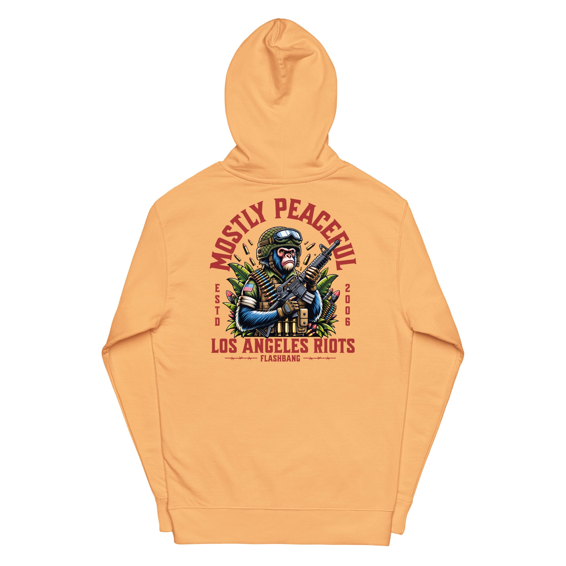 Orange hoodie with graphic design and text on a white background