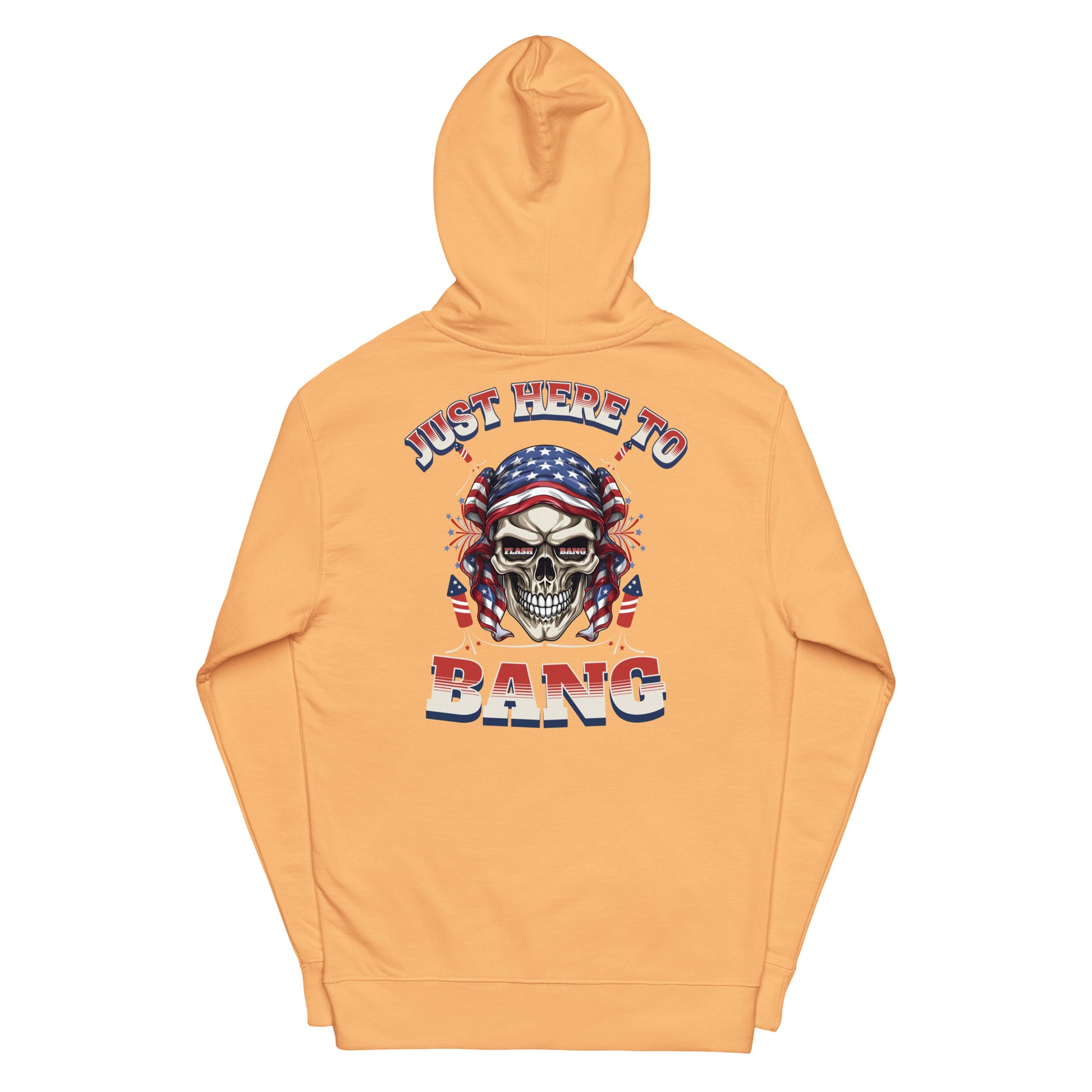 Orange hoodie with a skull graphic and text on the back against a white background