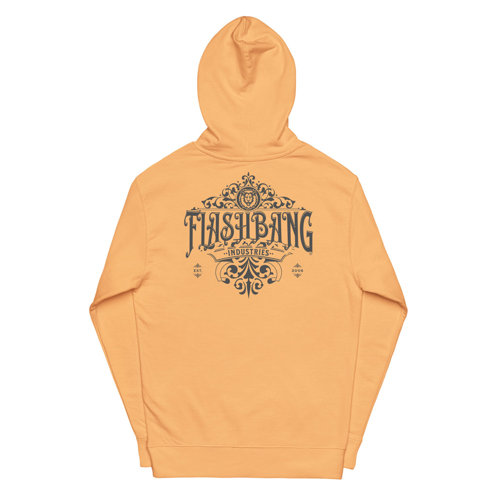 Orange hoodie with 'Flashbang Industries' text and logo on a white background