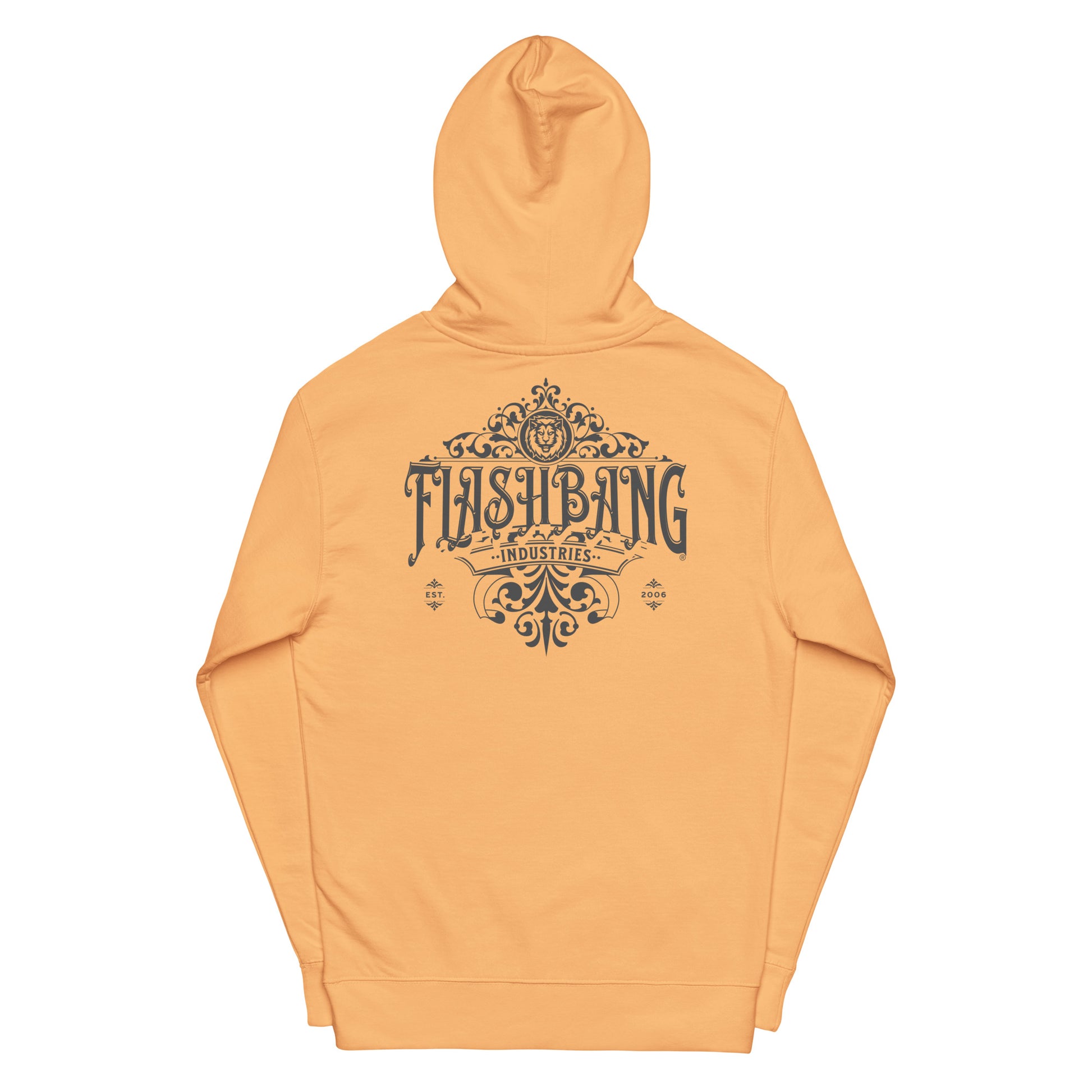 Orange hoodie with 'Flashbang Industries' text and logo on a white background