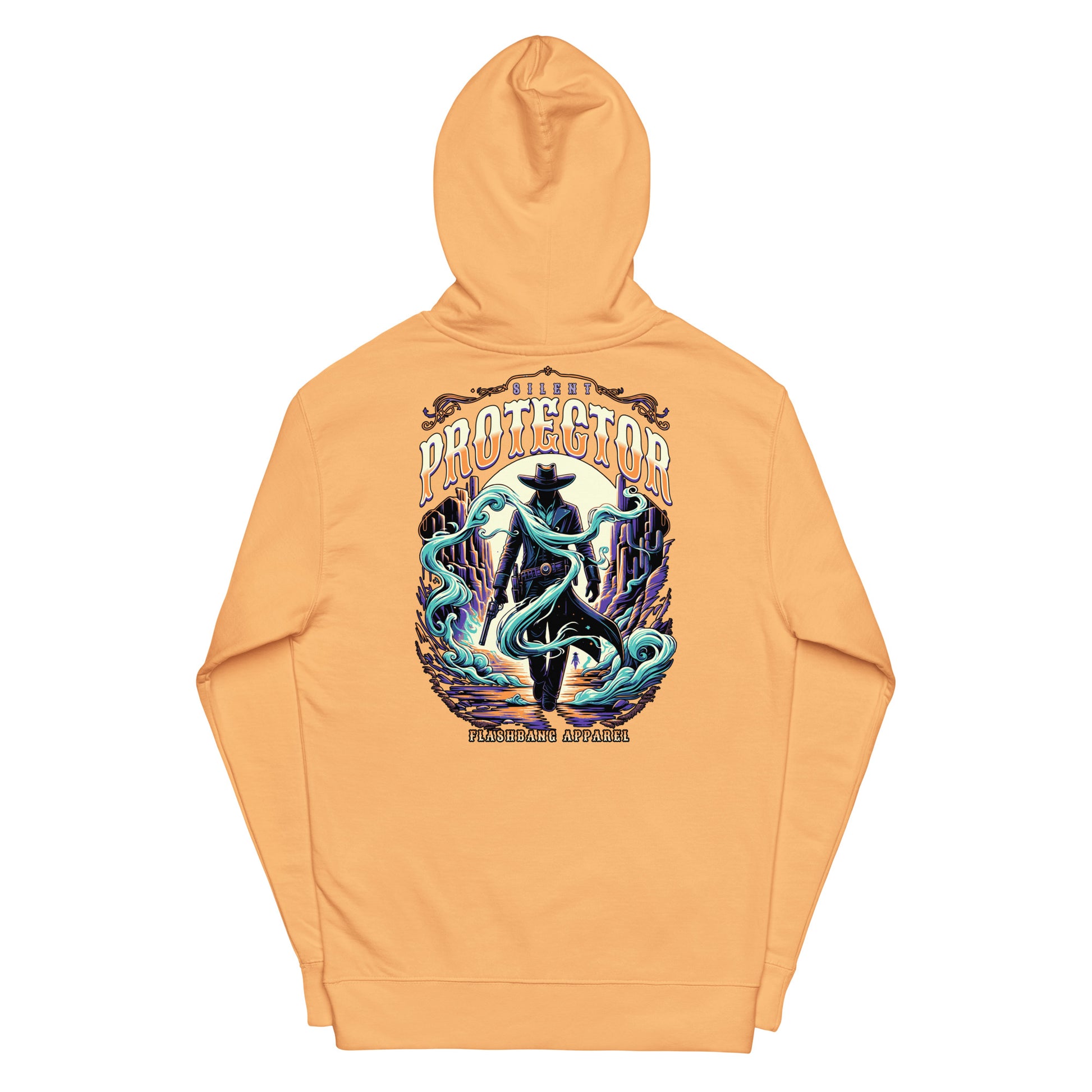 Orange hoodie with a graphic design on the back against a white background