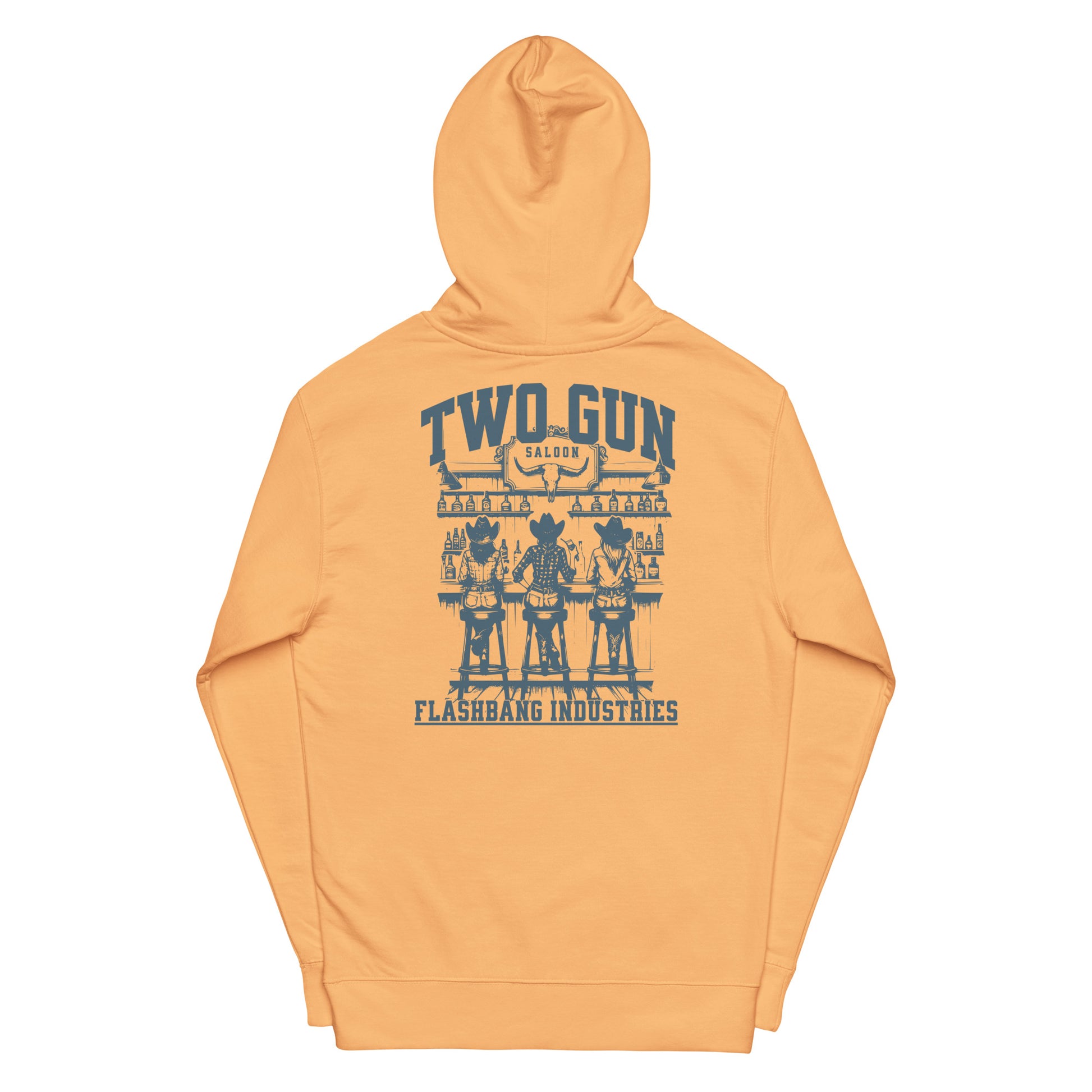 Orange hoodie with graphic design on the back on a white background