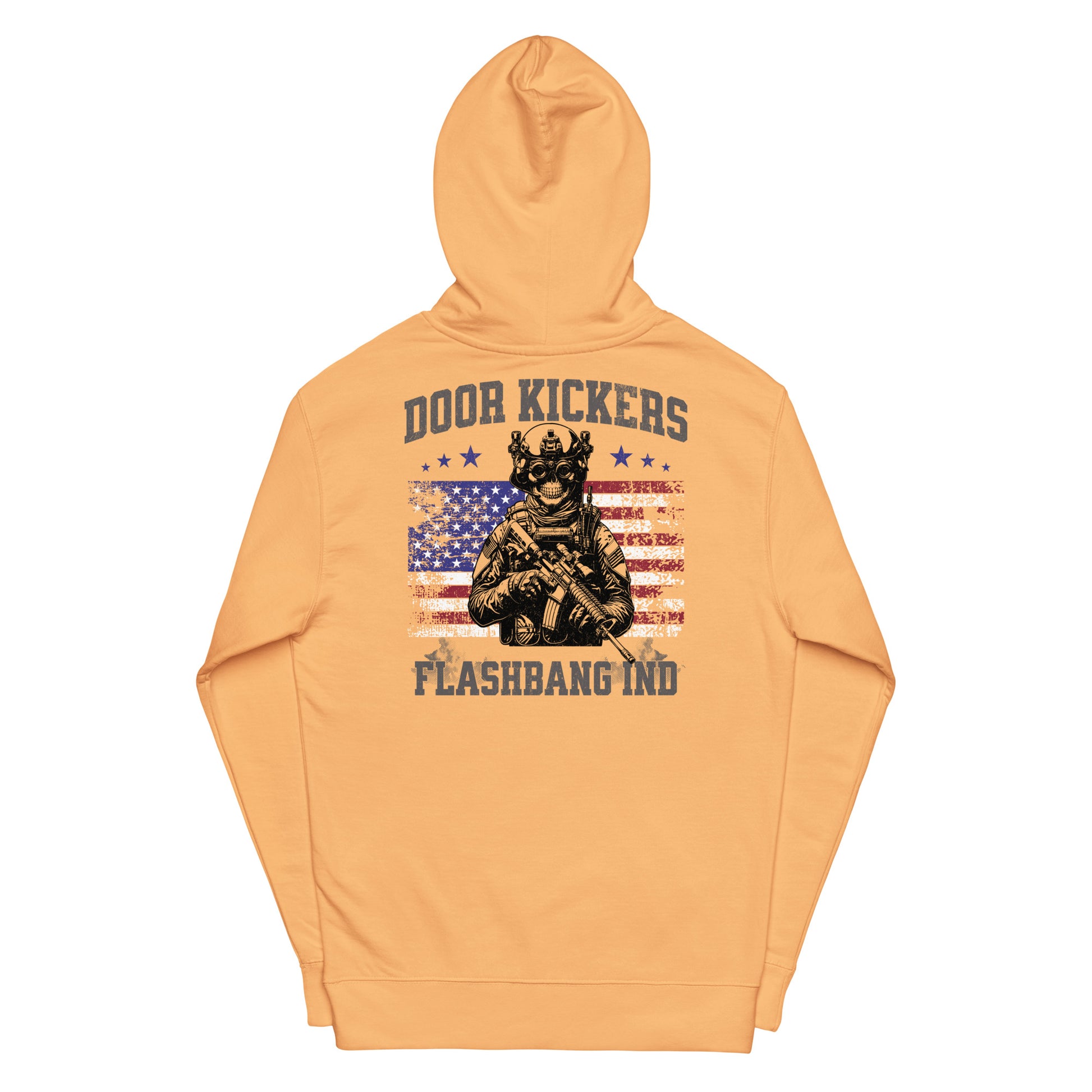 Orange hoodie with graphic design and text on a white background