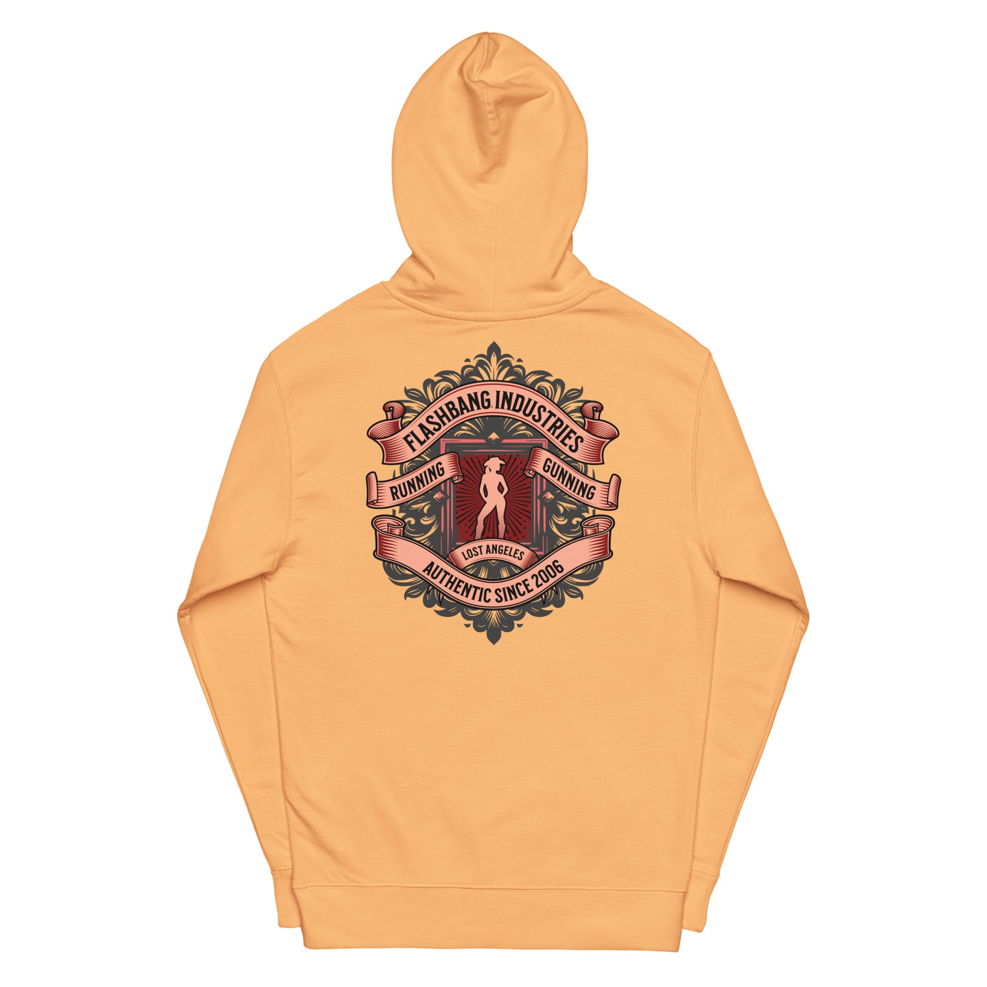 Orange hoodie with a graphic design on the back against a white background