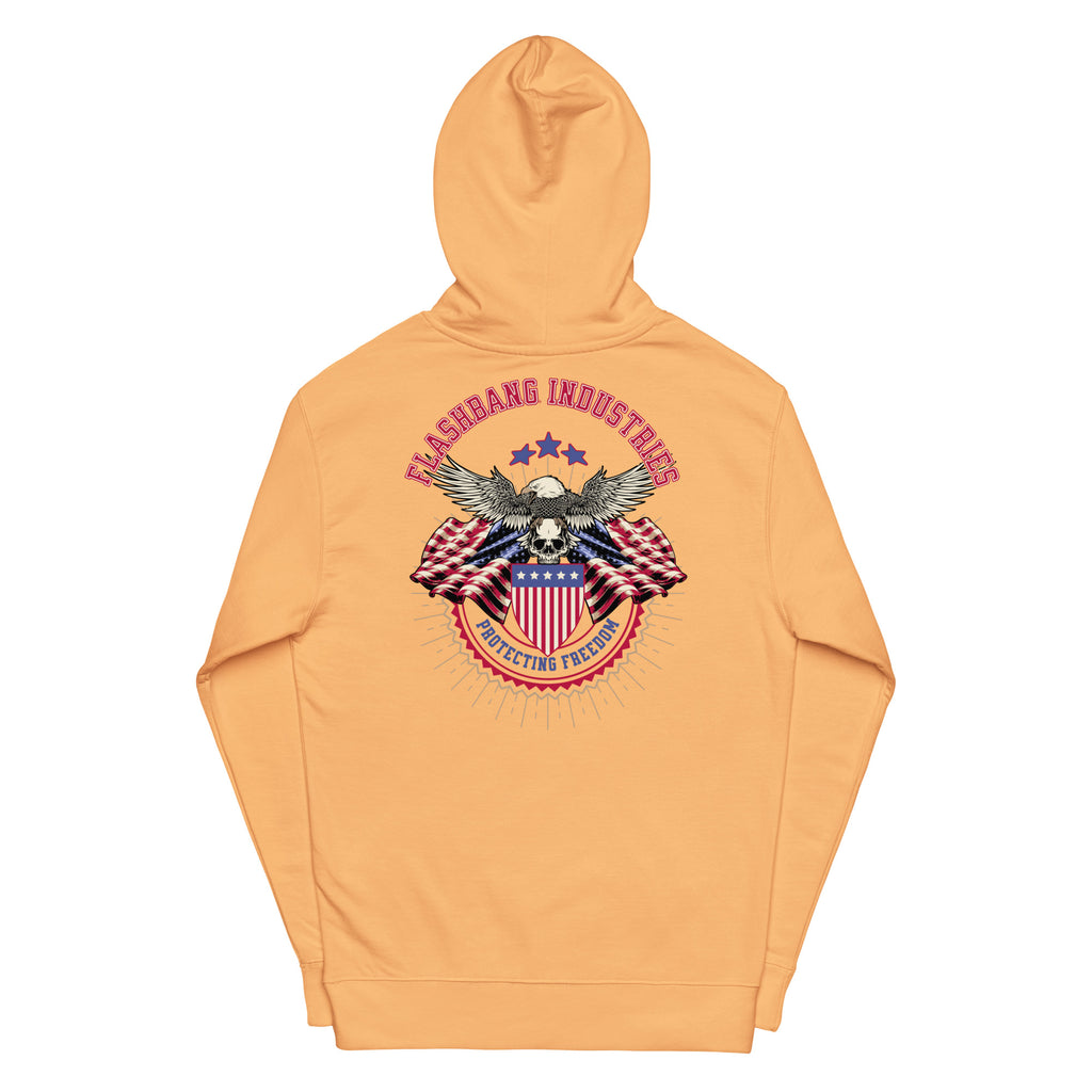Orange hoodie with a graphic design on the back featuring an eagle and American flag, on a white background.