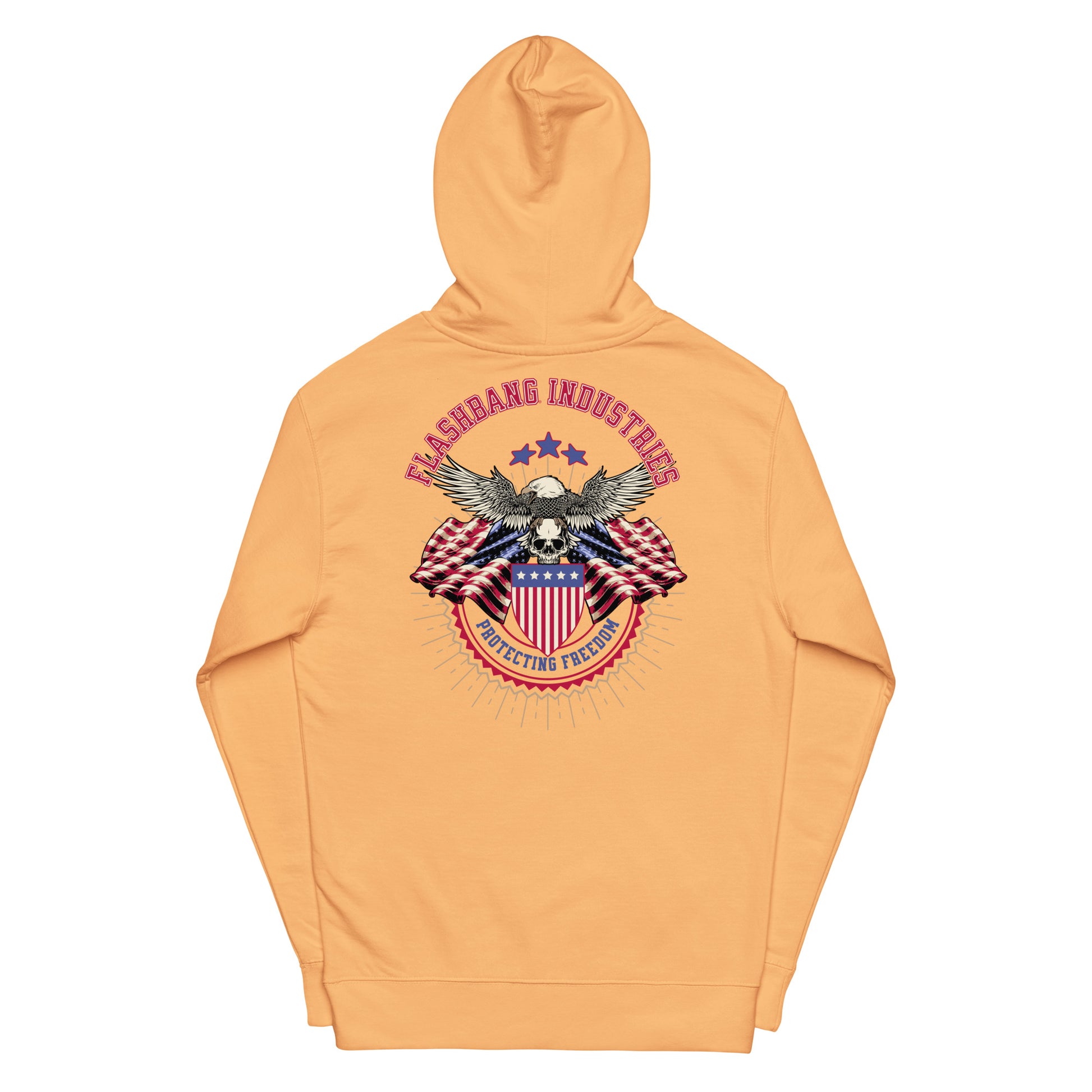 Orange hoodie with a graphic design on the back featuring an eagle and American flag, on a white background.