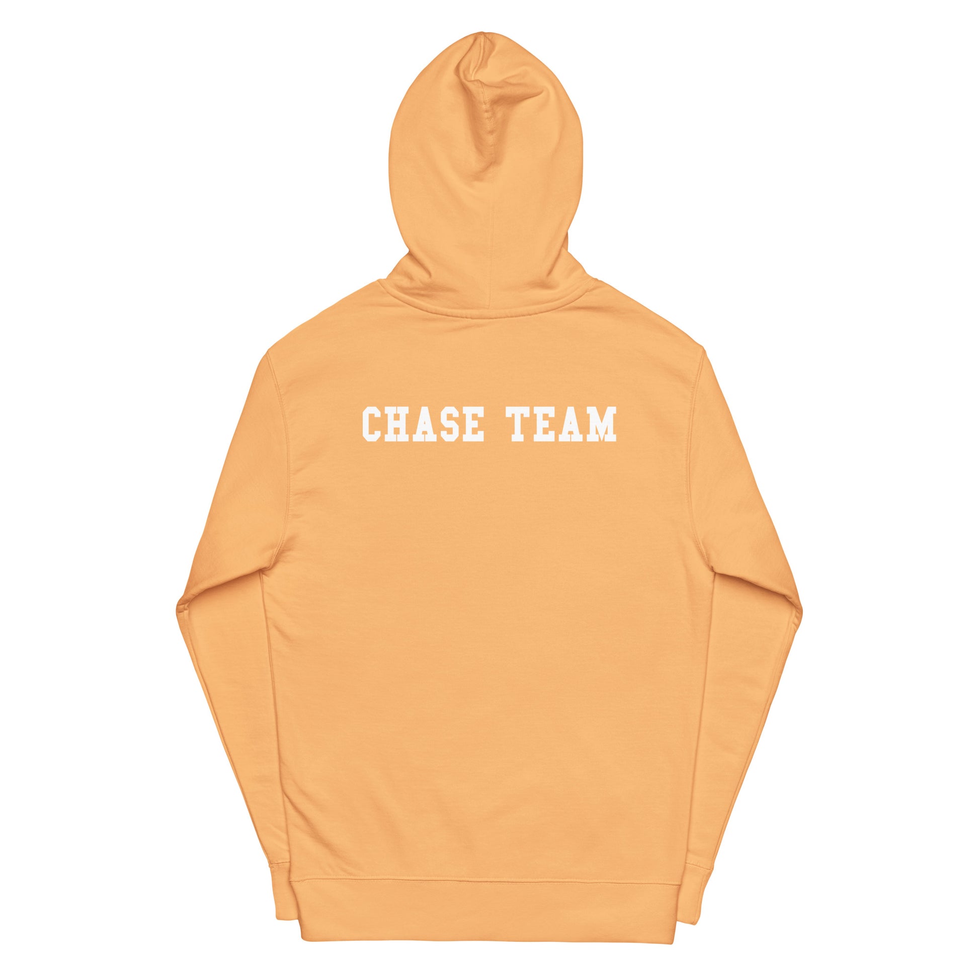 Orange hoodie with 'CHASE TEAM' text on a white background