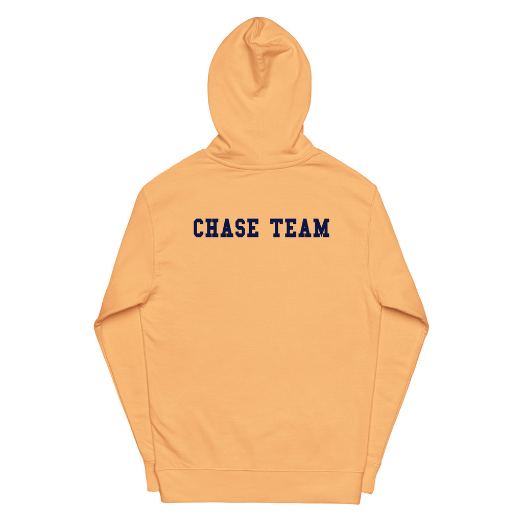 Orange hoodie with 'CHASE TEAM' text on the back against a white background