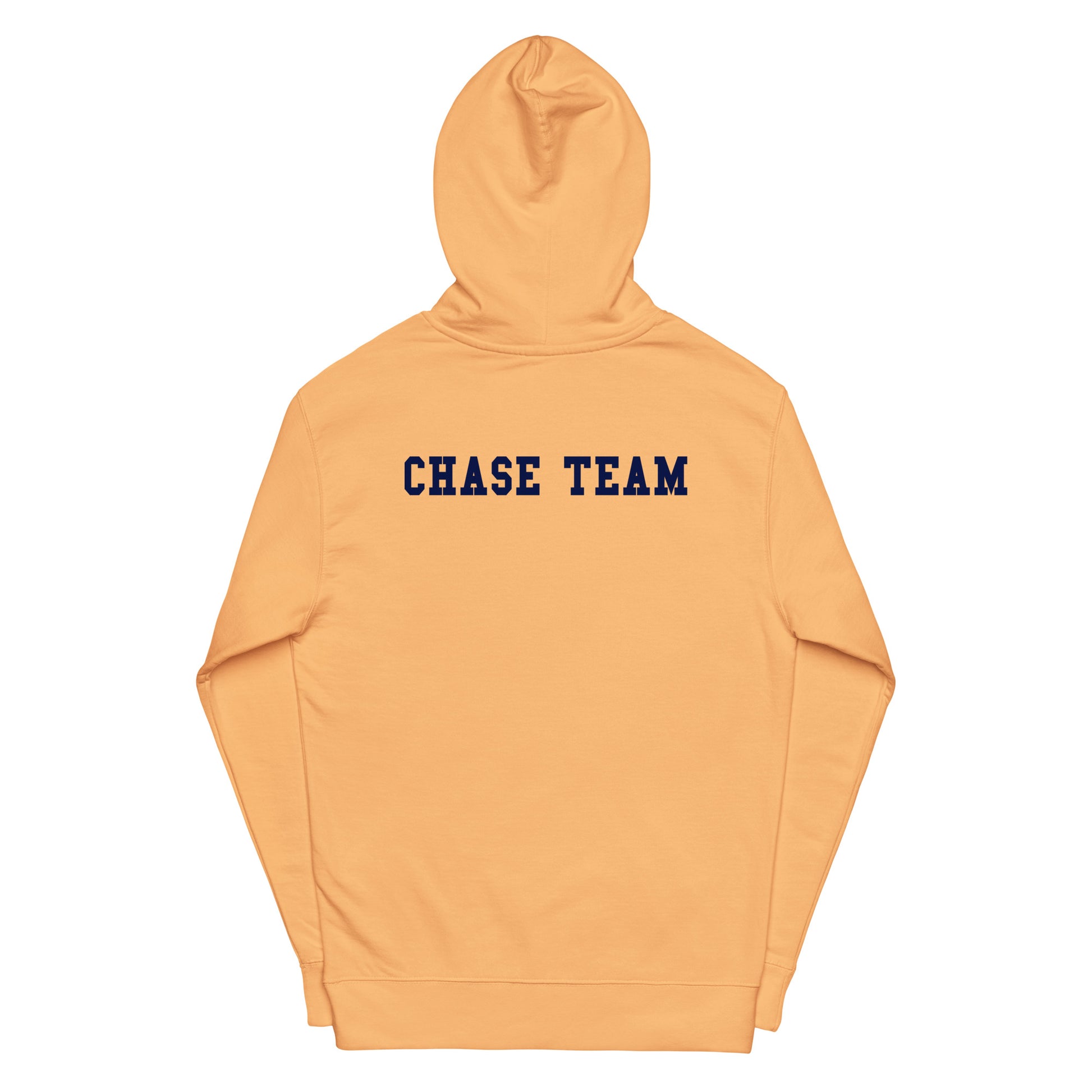 Orange hoodie with 'CHASE TEAM' text on the back against a white background