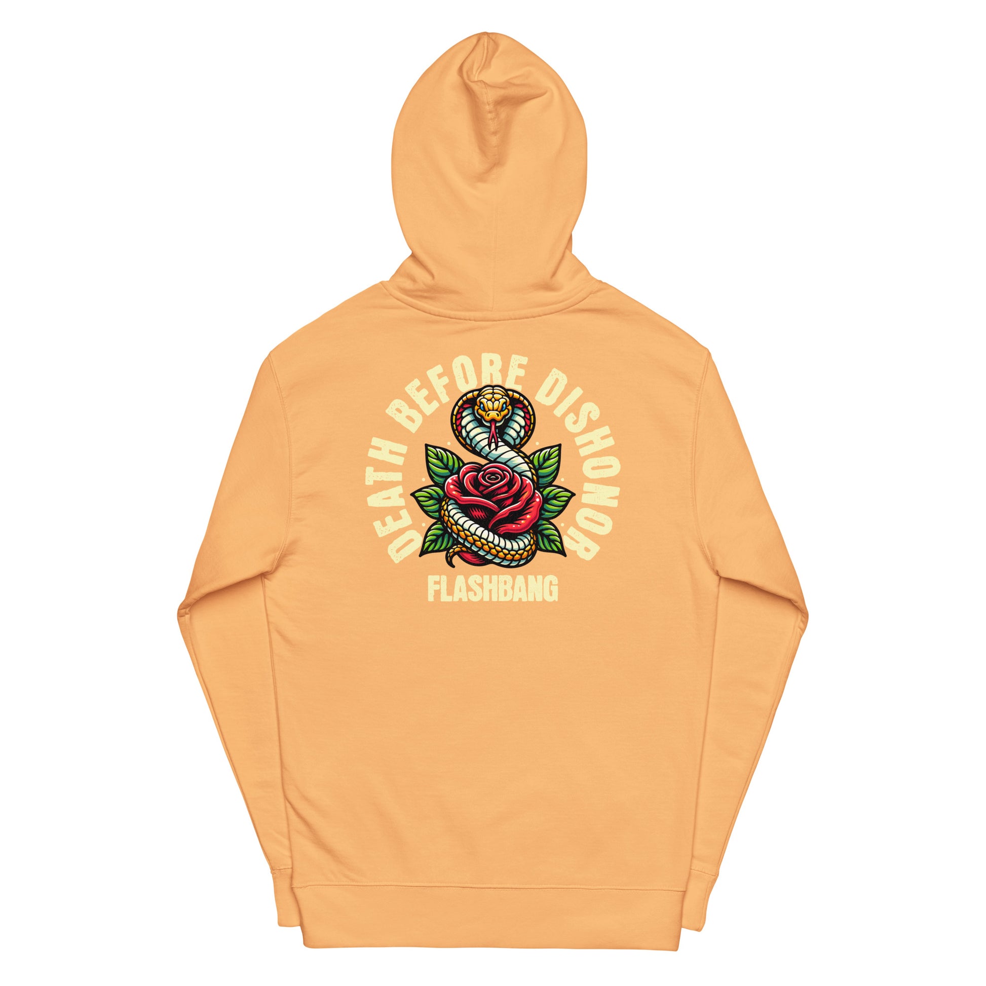Orange hoodie with a snake and rose design on the back, featuring the text 'Death Before Dishonor Flashbang'.