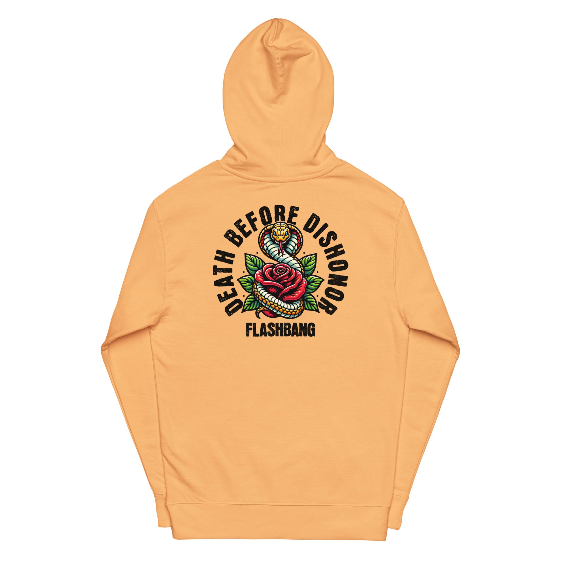 Orange hoodie with 'Death Before Dishonor Flashbang' graphic on a white background