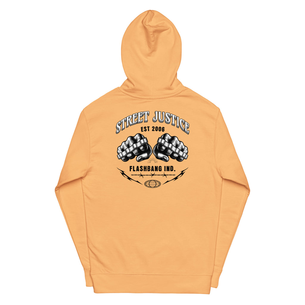 Orange hoodie with 'Street Justice' and 'Flashbang Ind.' text and graphic on a white background