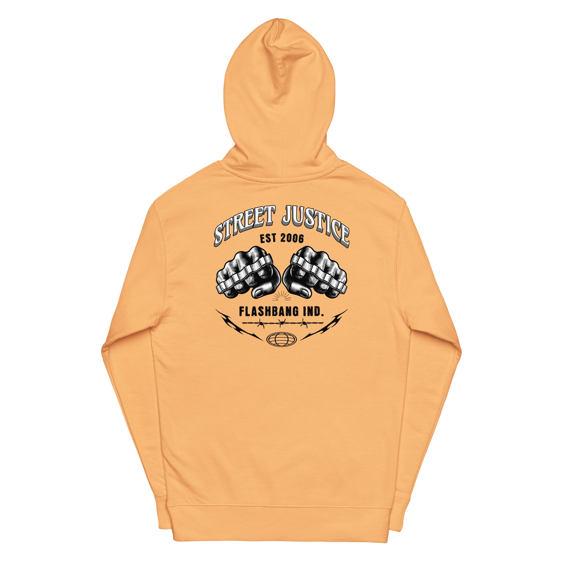 Orange hoodie with 'Street Justice' and 'Flashbang Ind.' text and graphic on a white background
